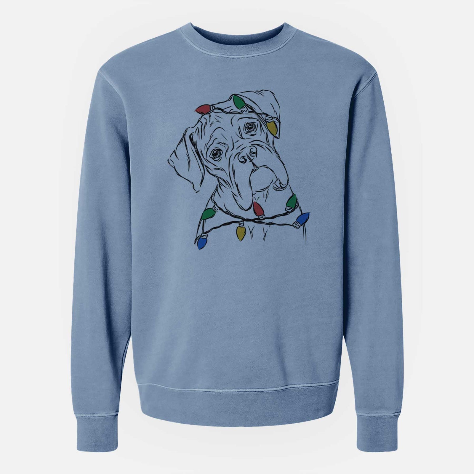 Hand-drawn sketch of Cooper the Boxer wrapped in Christmas lights on a Slate Blue Unisex pigment dyed crew sweatshirt
