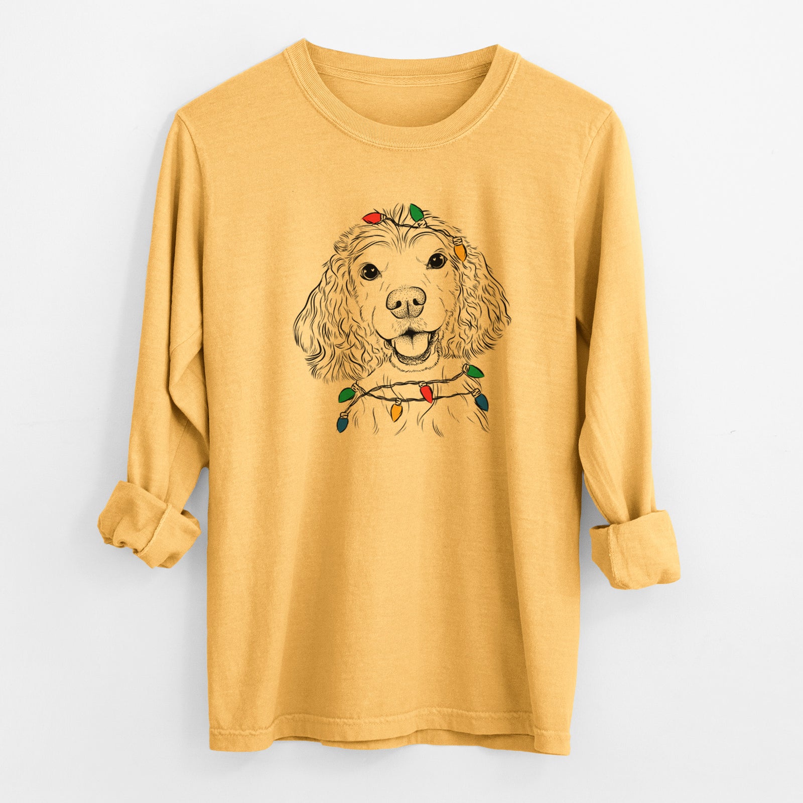 Christmas Lights Cricket the American Cocker Spaniel - Heavyweight 100% Cotton Long Sleeve