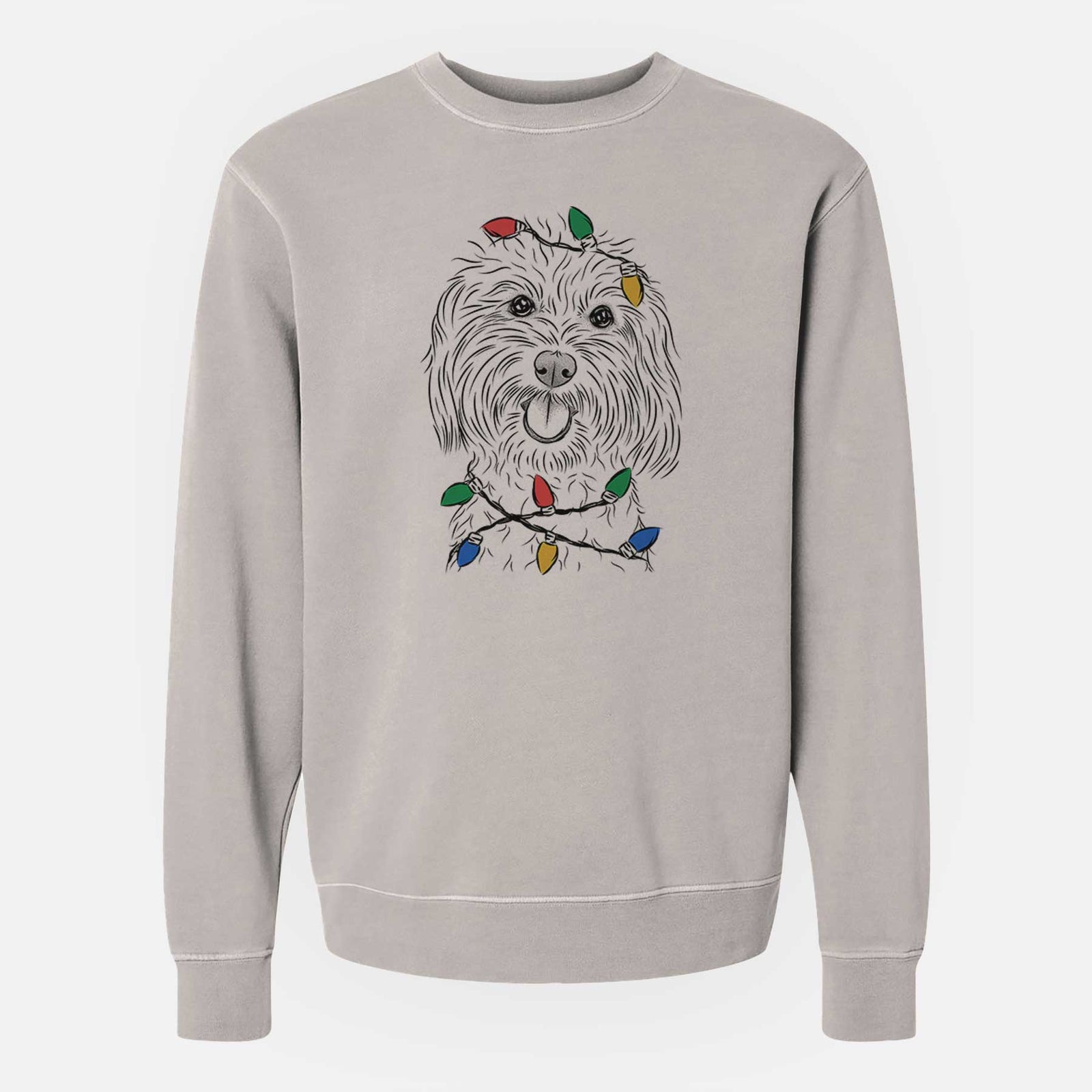 Hand-drawn sketch of Cuddles the Coton de Tulear wrapped in Christmas lights on a Cement Unisex pigment dyed crew sweatshirt