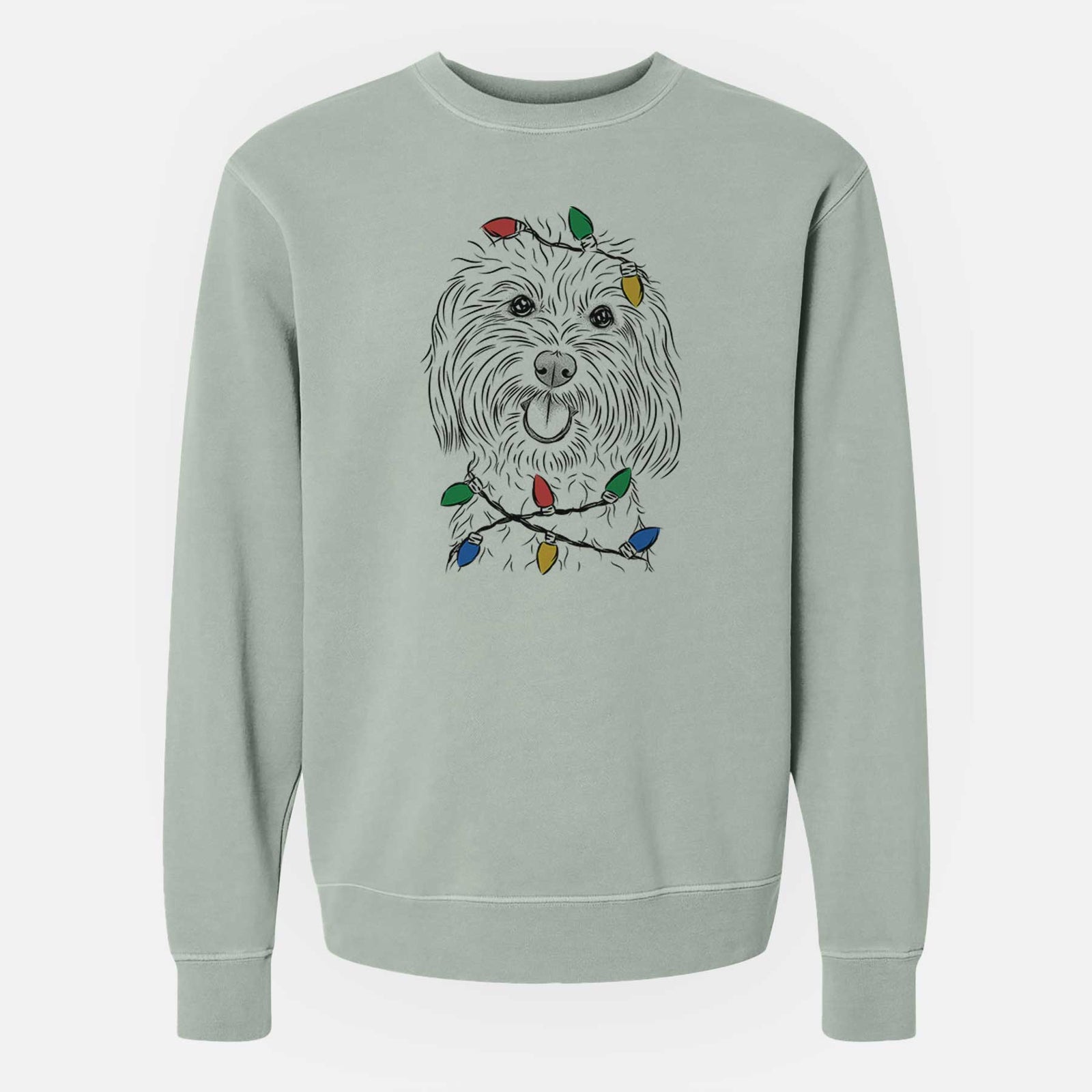 Hand-drawn sketch of Cuddles the Coton de Tulear wrapped in Christmas lights on a Sage Unisex pigment dyed crew sweatshirt