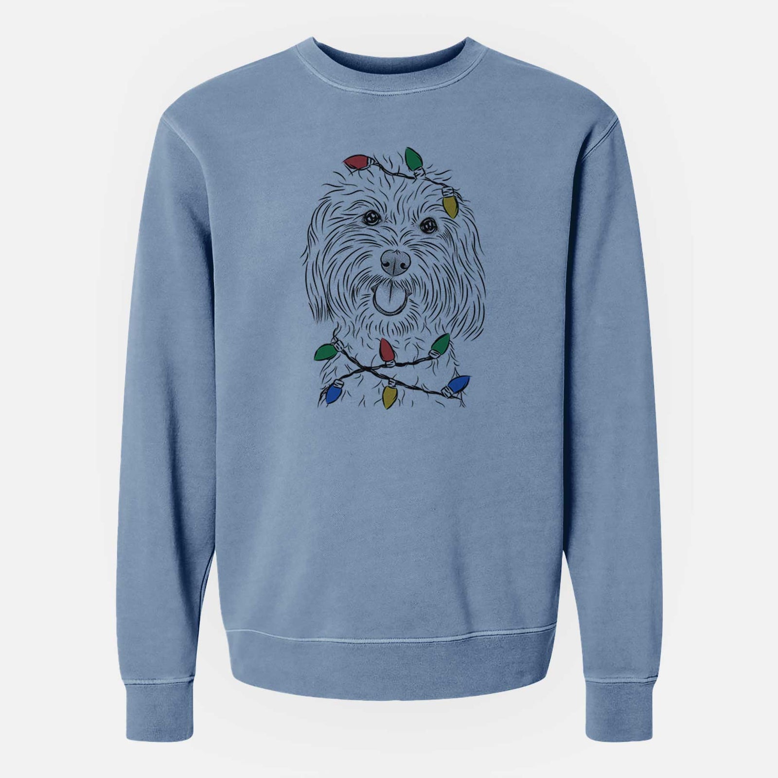 Hand-drawn sketch of Cuddles the Coton de Tulear wrapped in Christmas lights on a Slate Blue Unisex pigment dyed crew sweatshirt