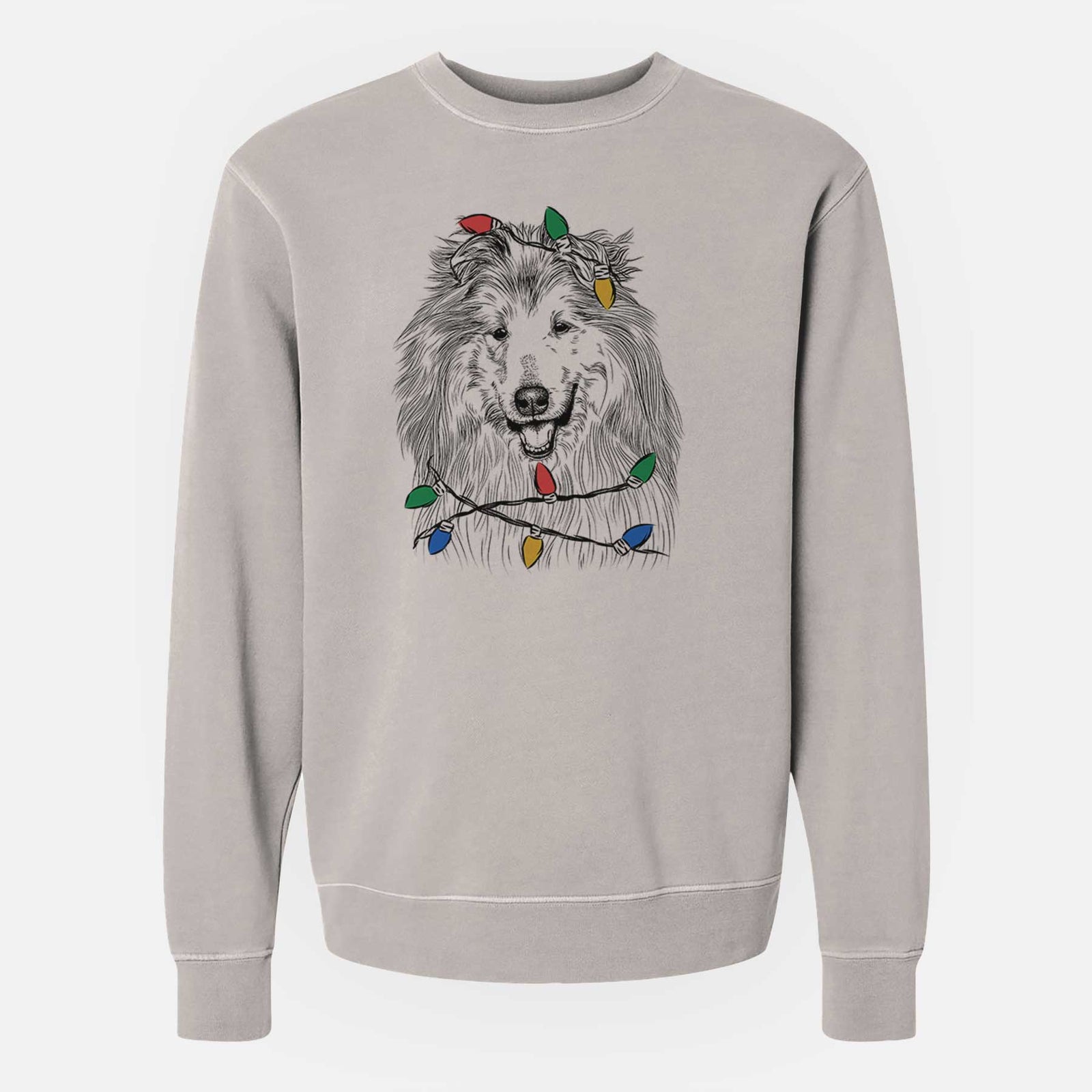 Hand-drawn sketch of Donnan the Rough Collie wrapped in Christmas lights on a Cement Unisex pigment dyed crew sweatshirt