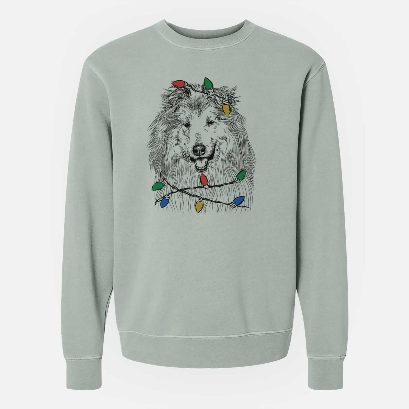 Hand-drawn sketch of Donnan the Rough Collie wrapped in Christmas lights on a Sage Unisex pigment dyed crew sweatshirt