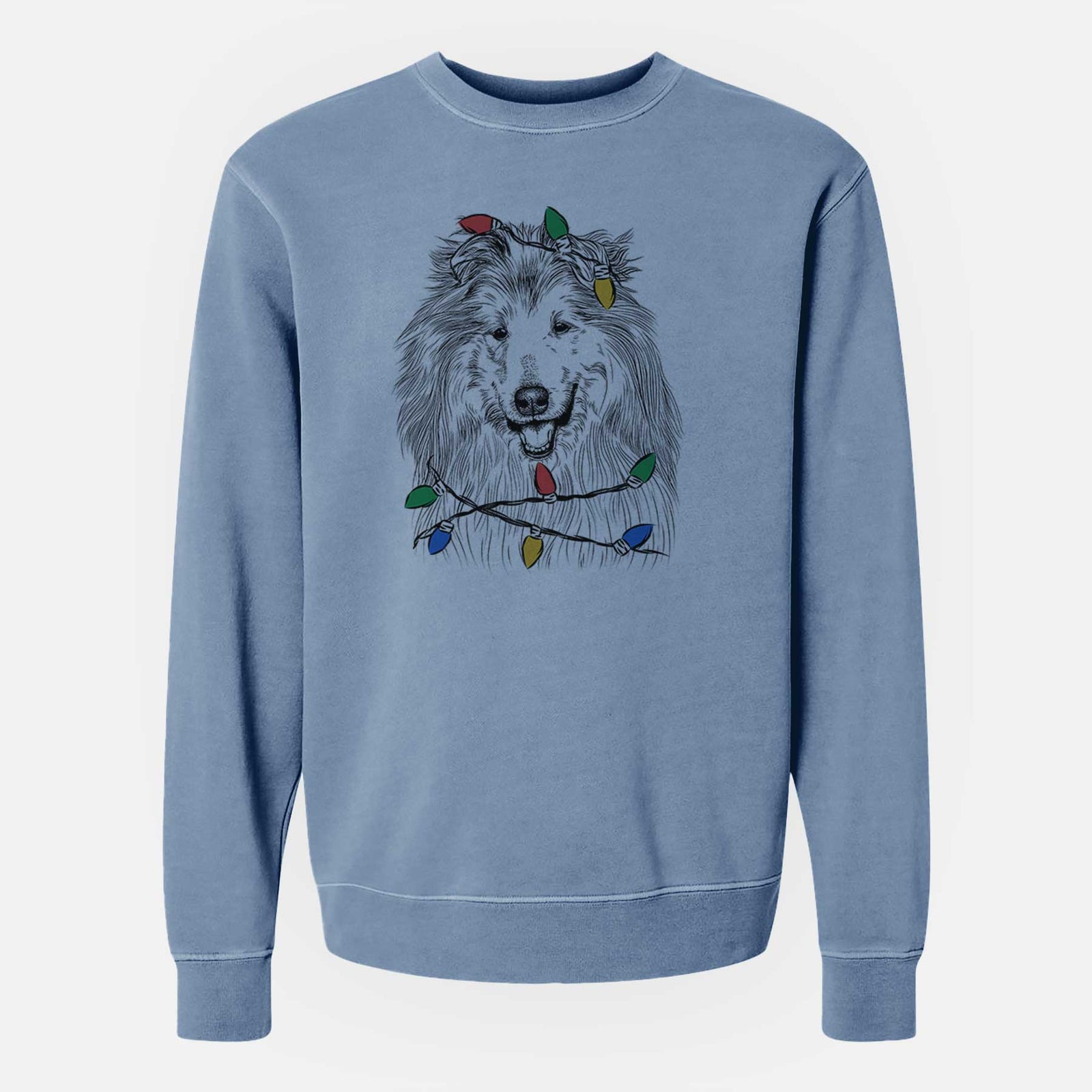 Hand-drawn sketch of Donnan the Rough Collie wrapped in Christmas lights on a Slate Blue Unisex pigment dyed crew sweatshirt