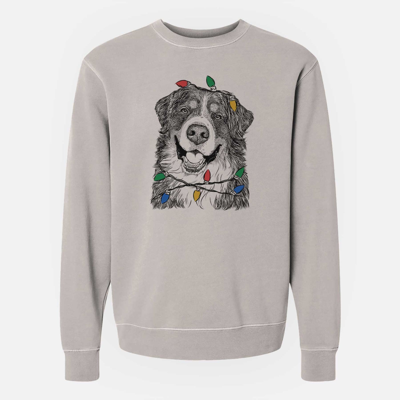 Hand-drawn sketch of Eiger the Bernese Mountain Dog wrapped in Christmas lights on a Cement Unisex pigment dyed crew sweatshirt