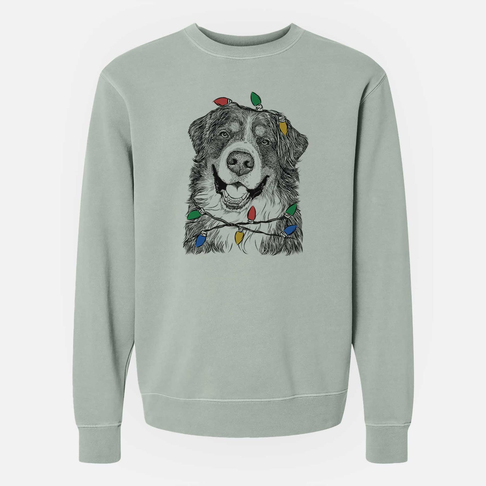 Hand-drawn sketch of Eiger the Bernese Mountain Dog wrapped in Christmas lights on a Sage Unisex pigment dyed crew sweatshirt