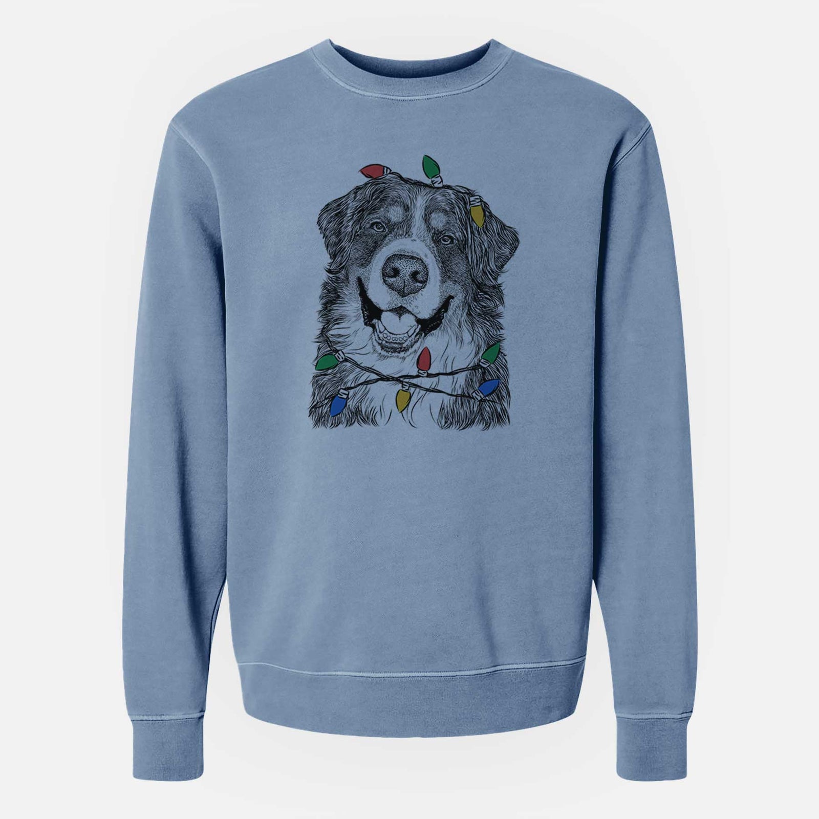 Hand-drawn sketch of Eiger the Bernese Mountain Dog wrapped in Christmas lights on a Slate Blue Unisex pigment dyed crew sweatshirt