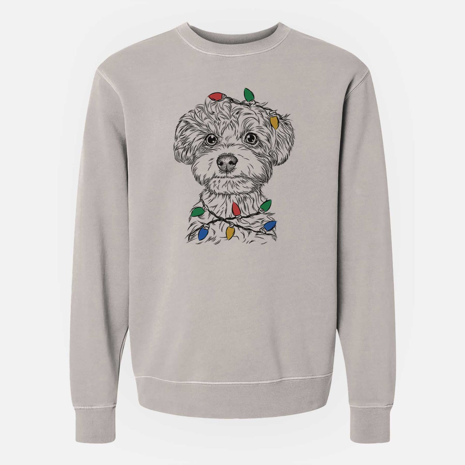 Hand-drawn sketch of Elliott the Yorkiepoo wrapped in Christmas lights on a Cement Unisex pigment dyed crew sweatshirt