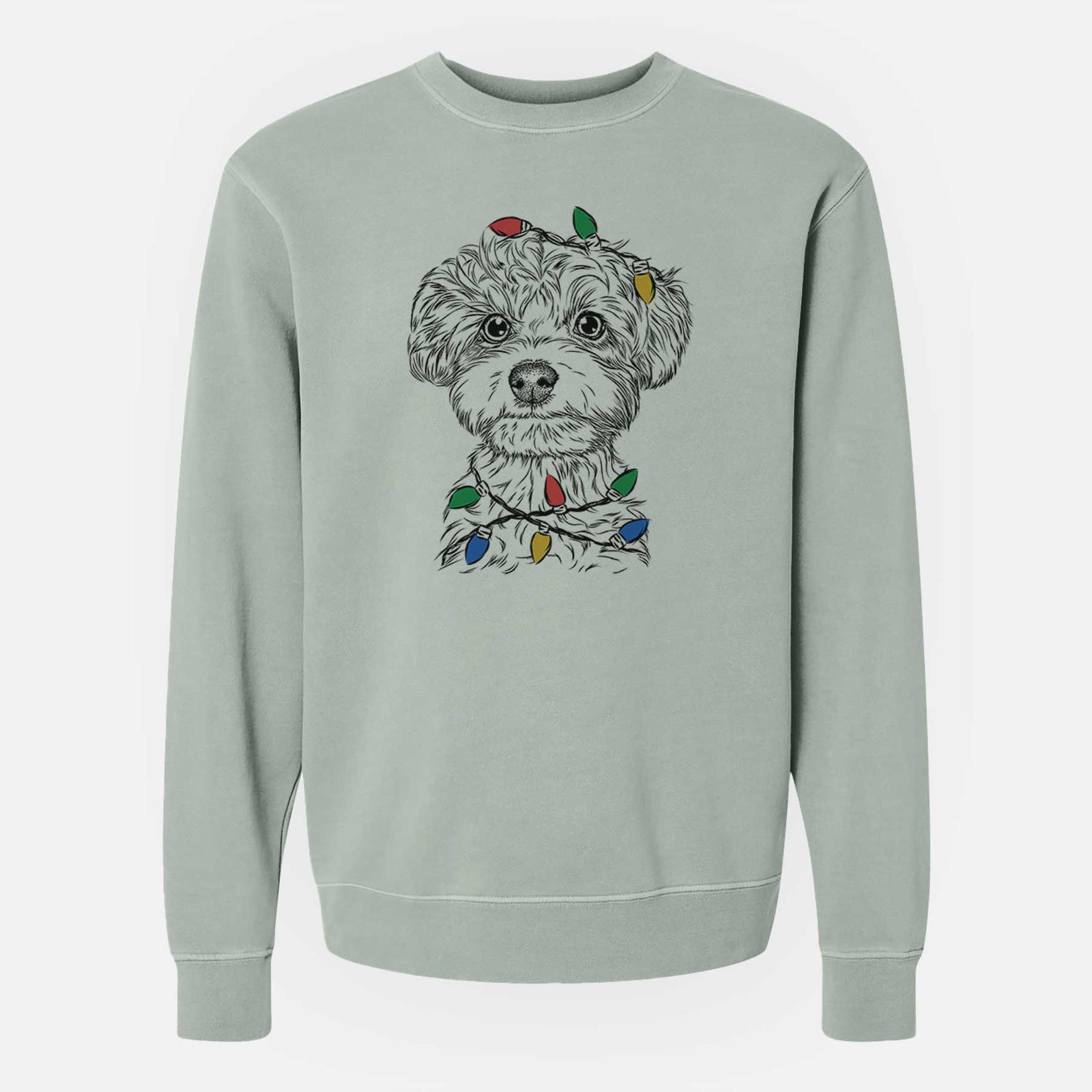 Hand-drawn sketch of Elliott the Yorkiepoo wrapped in Christmas lights on a Sage Unisex pigment dyed crew sweatshirt