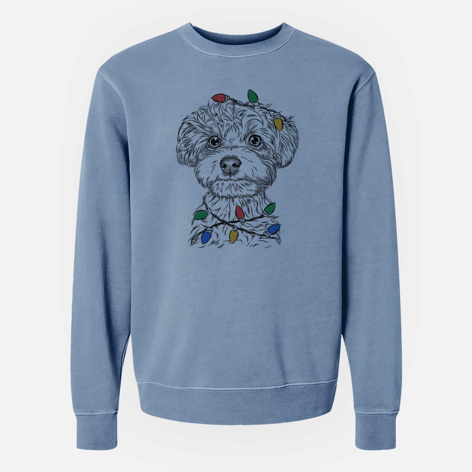 Hand-drawn sketch of Elliott the Yorkiepoo wrapped in Christmas lights on a Slate Blue Unisex pigment dyed crew sweatshirt