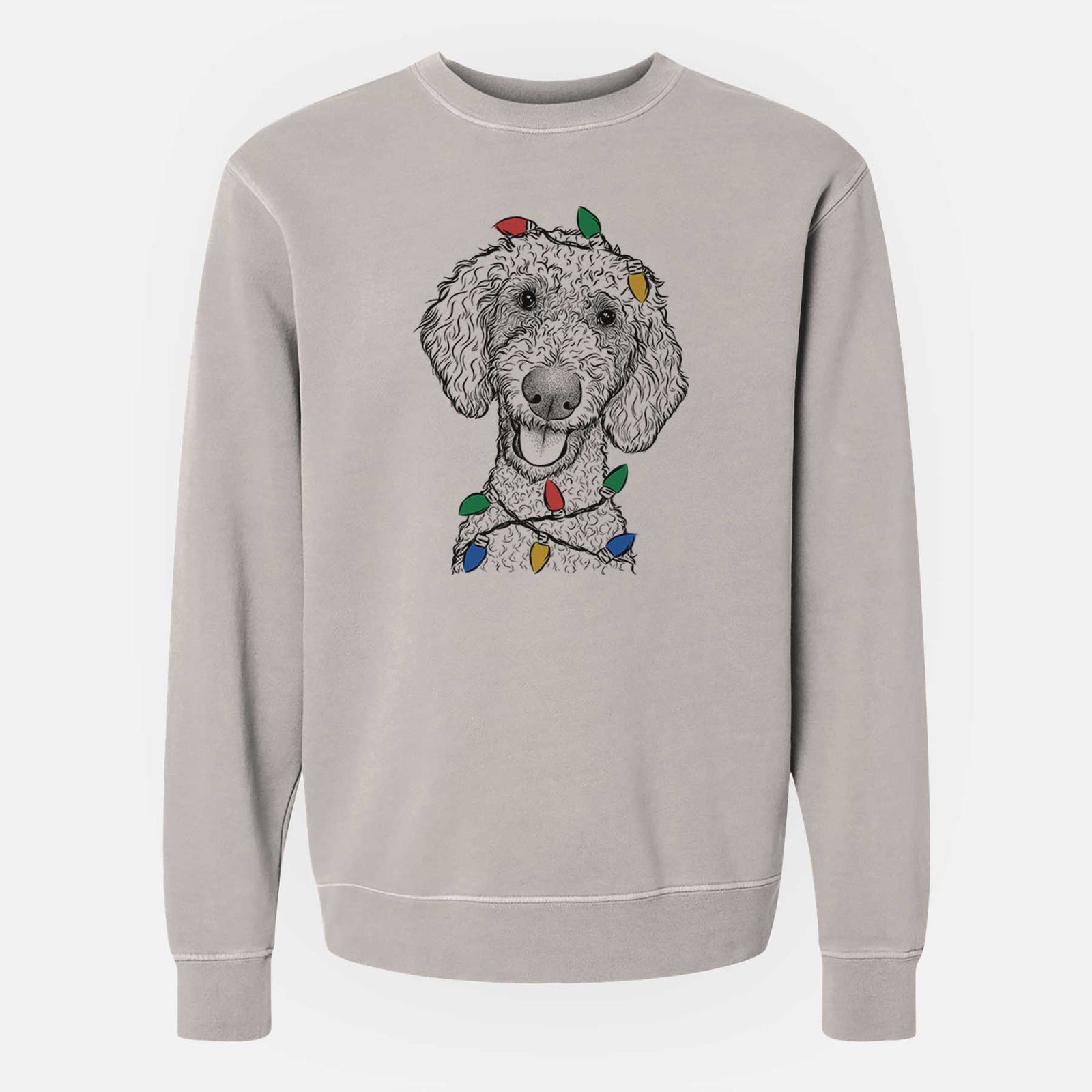 Hand-drawn sketch of Fenway the Goldendoodle wrapped in Christmas lights on a Cement Unisex pigment dyed crew sweatshirt
