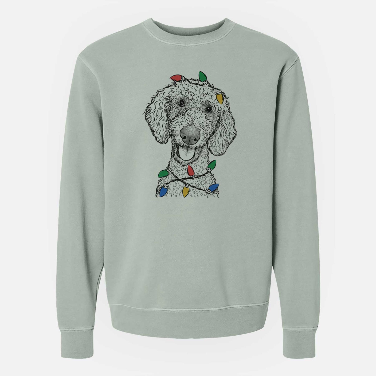 Hand-drawn sketch of Fenway the Goldendoodle wrapped in Christmas lights on a Sage Unisex pigment dyed crew sweatshirt