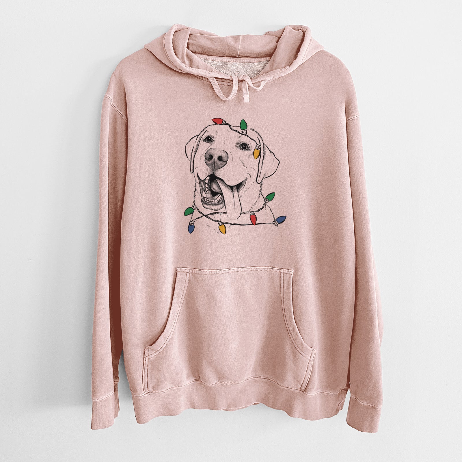 Hand-drawn sketch of Finn the Labrador Retriever wrapped in Christmas lights on a Dusty Pink Unisex pigment dyed hoodie