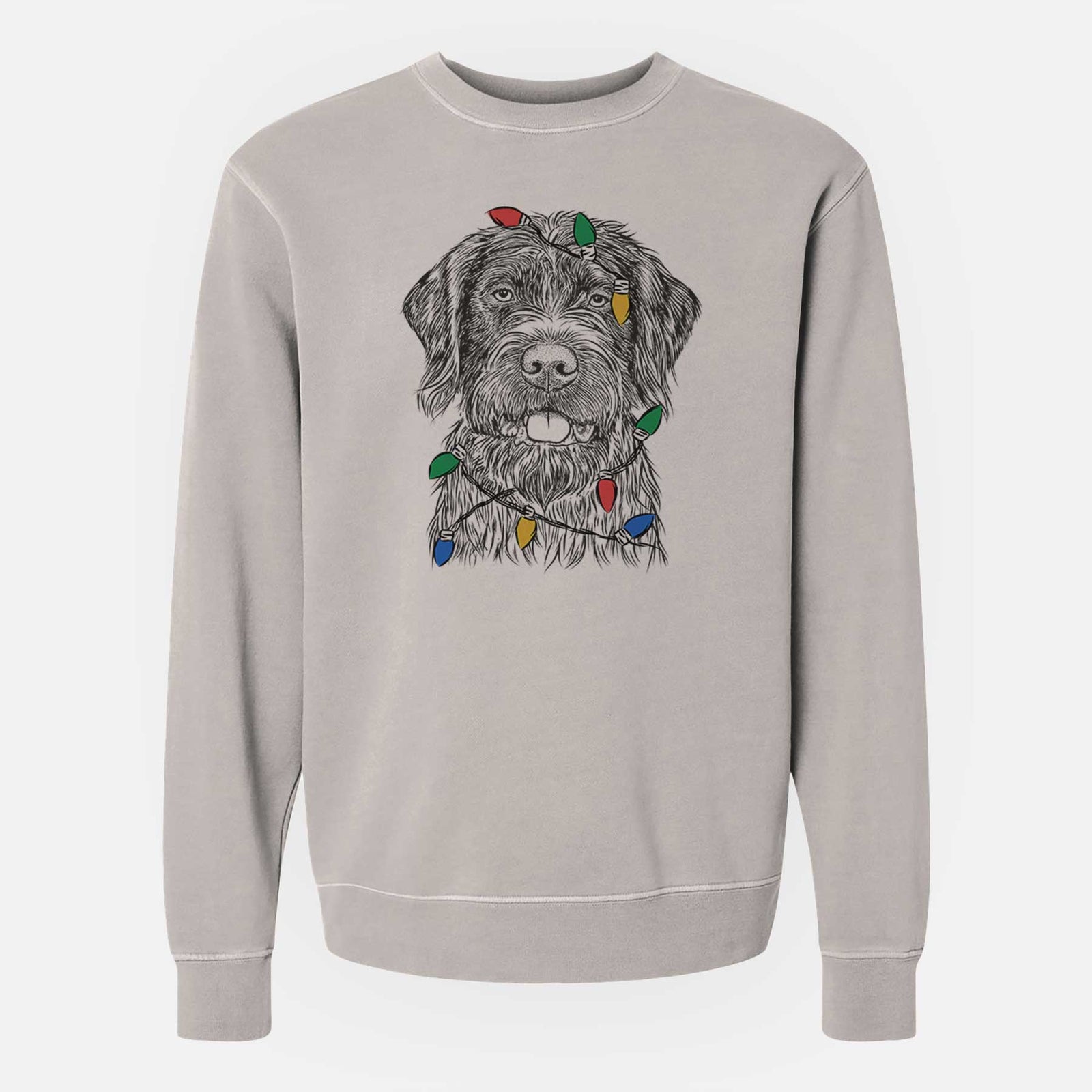 Hand-drawn sketch of Fletcher the Wirehaired Pointing Griffon wrapped in Christmas lights on a Cement Unisex pigment dyed crew sweatshirt