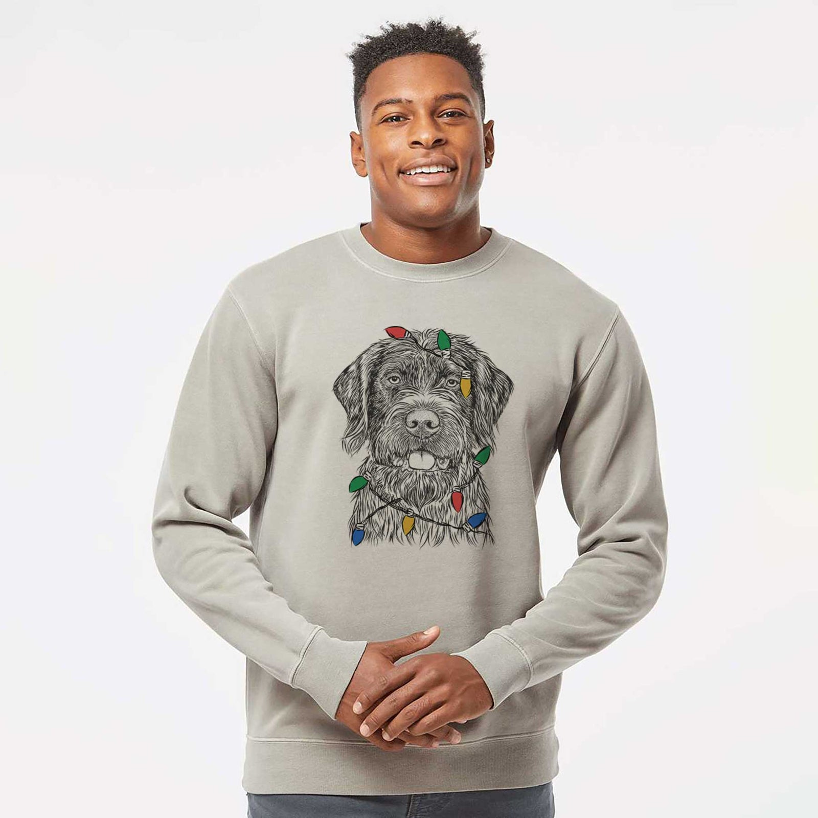 Hand-drawn sketch of Fletcher the Wirehaired Pointing Griffon wrapped in Christmas lights on a Cement Unisex pigment dyed crew sweatshirt