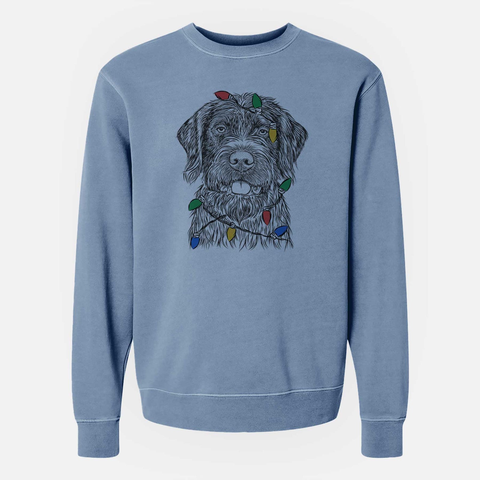 Hand-drawn sketch of Fletcher the Wirehaired Pointing Griffon wrapped in Christmas lights on a Slate Blue Unisex pigment dyed crew sweatshirt