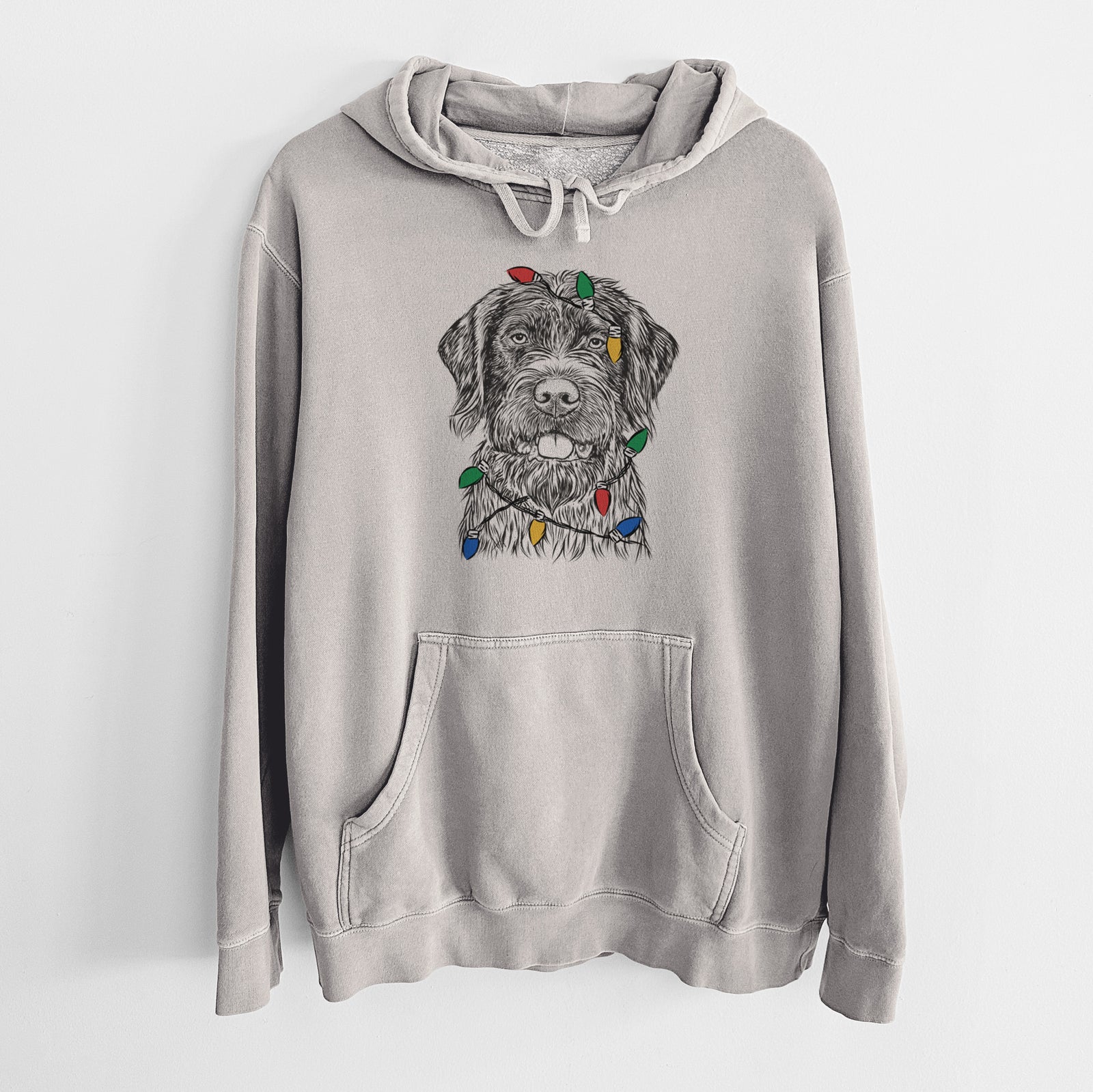 Hand-drawn sketch of Fletcher the Wirehaired Pointing Griffon wrapped in Christmas lights on a Cement Unisex pigment dyed hoodie