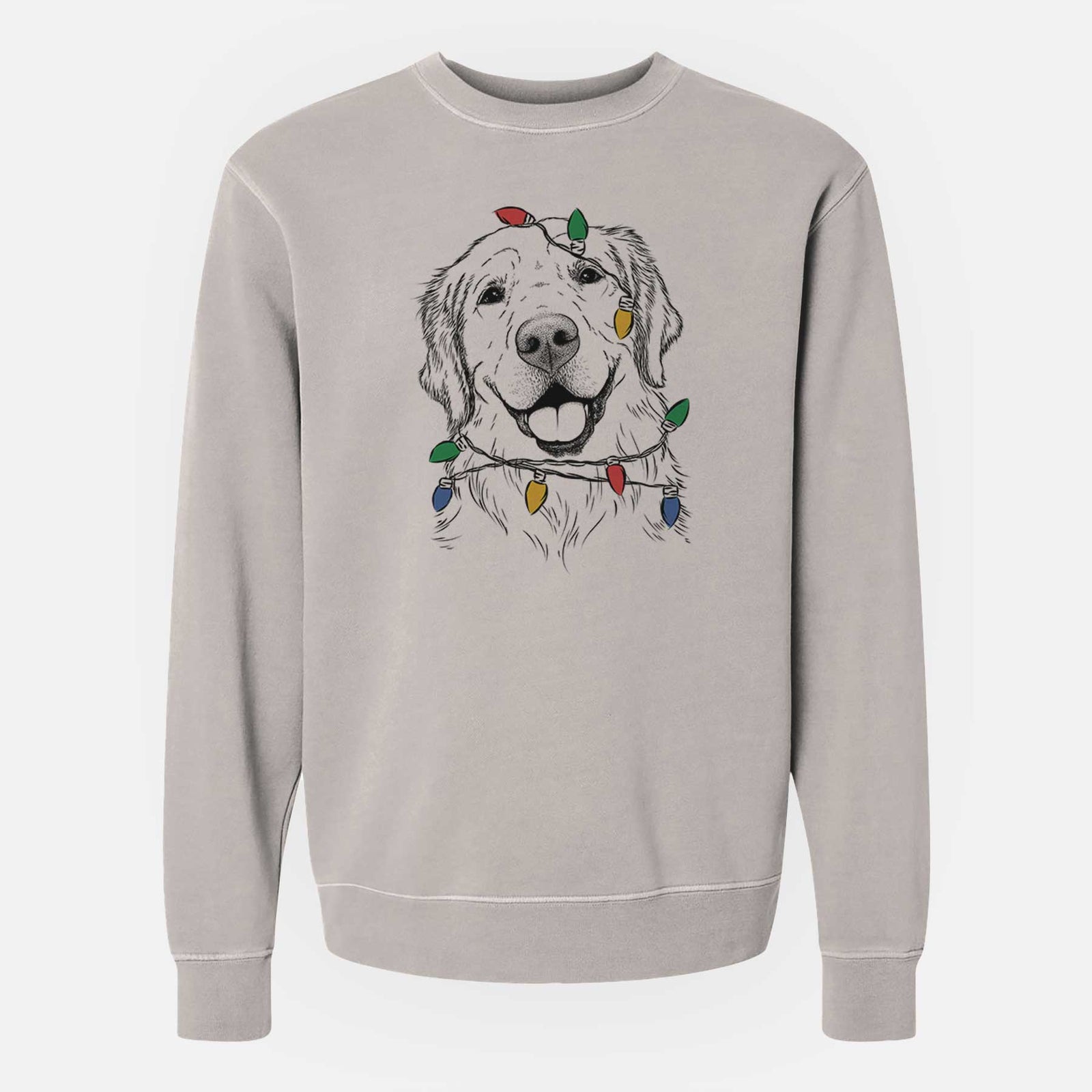 Hand-drawn sketch of Griffin the Golden Retriever wrapped in Christmas lights on a Cement Unisex pigment dyed crew sweatshirt