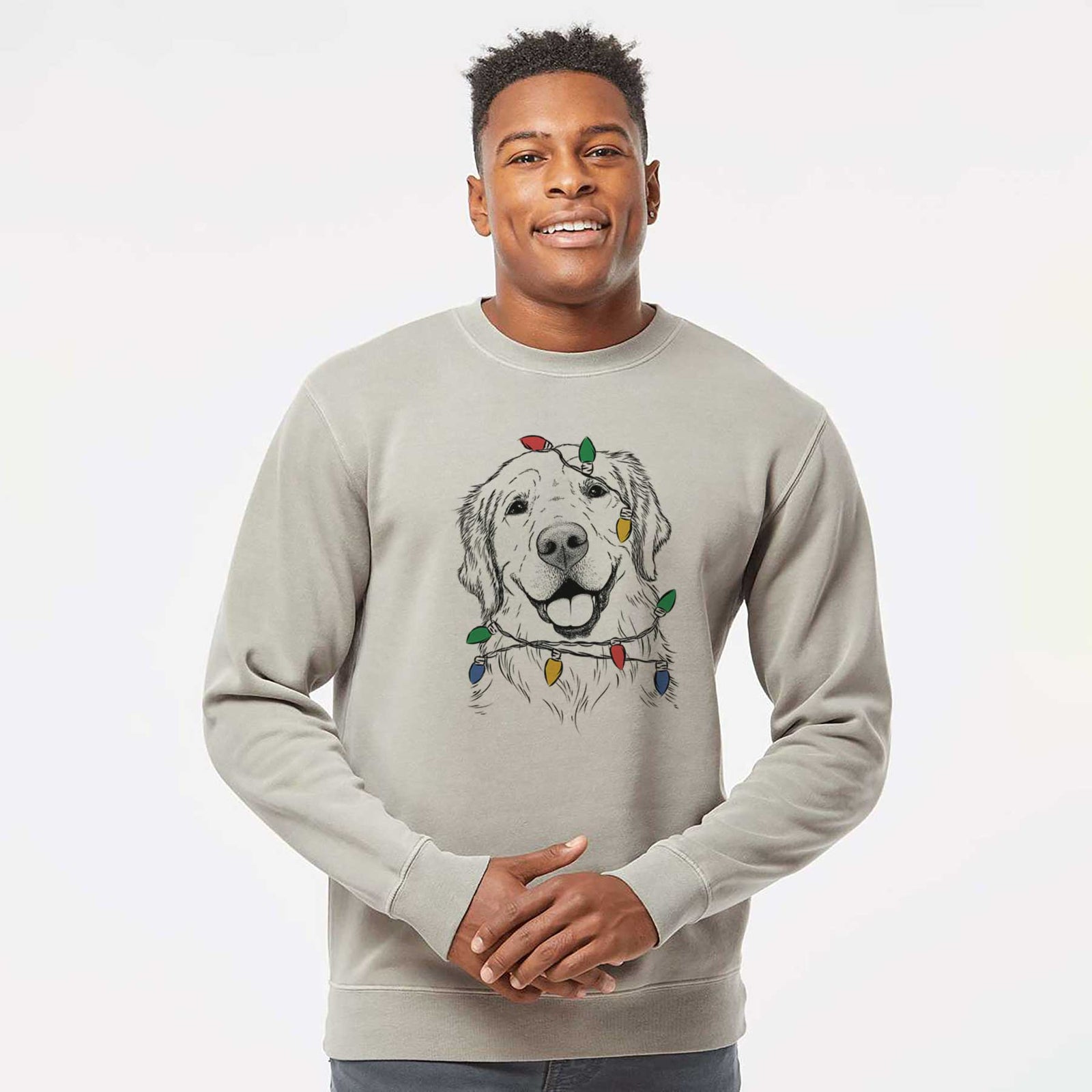 Hand-drawn sketch of Griffin the Golden Retriever wrapped in Christmas lights on a Cement Unisex pigment dyed crew sweatshirt