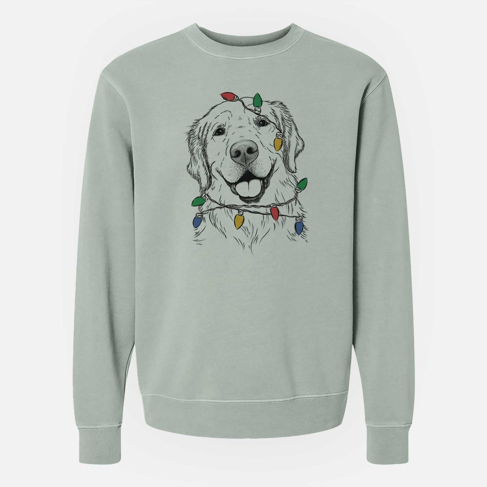 Hand-drawn sketch of Griffin the Golden Retriever wrapped in Christmas lights on a Sage Unisex pigment dyed crew sweatshirt