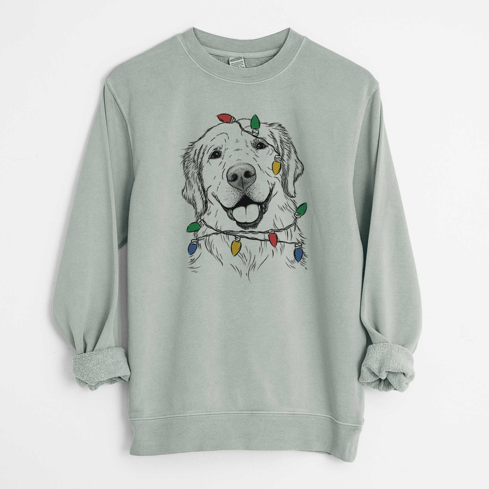 Hand-drawn sketch of Griffin the Golden Retriever wrapped in Christmas lights on a Sage Unisex pigment dyed crew sweatshirt