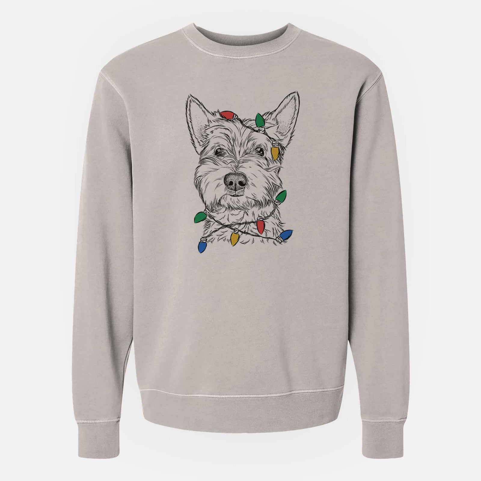 Hand-drawn sketch of Grizel the West Highland Terrier wrapped in Christmas lights on a Cement Unisex pigment dyed crew sweatshirt