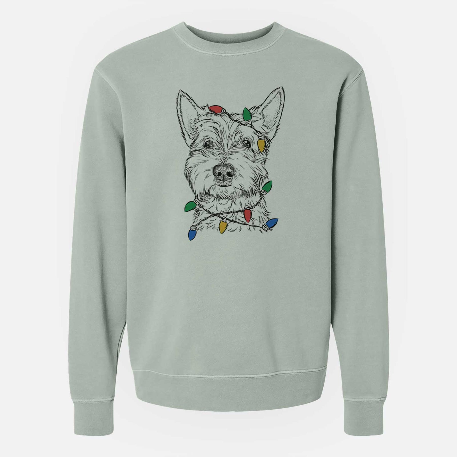 Hand-drawn sketch of Grizel the West Highland Terrier wrapped in Christmas lights on a Sage Unisex pigment dyed crew sweatshirt