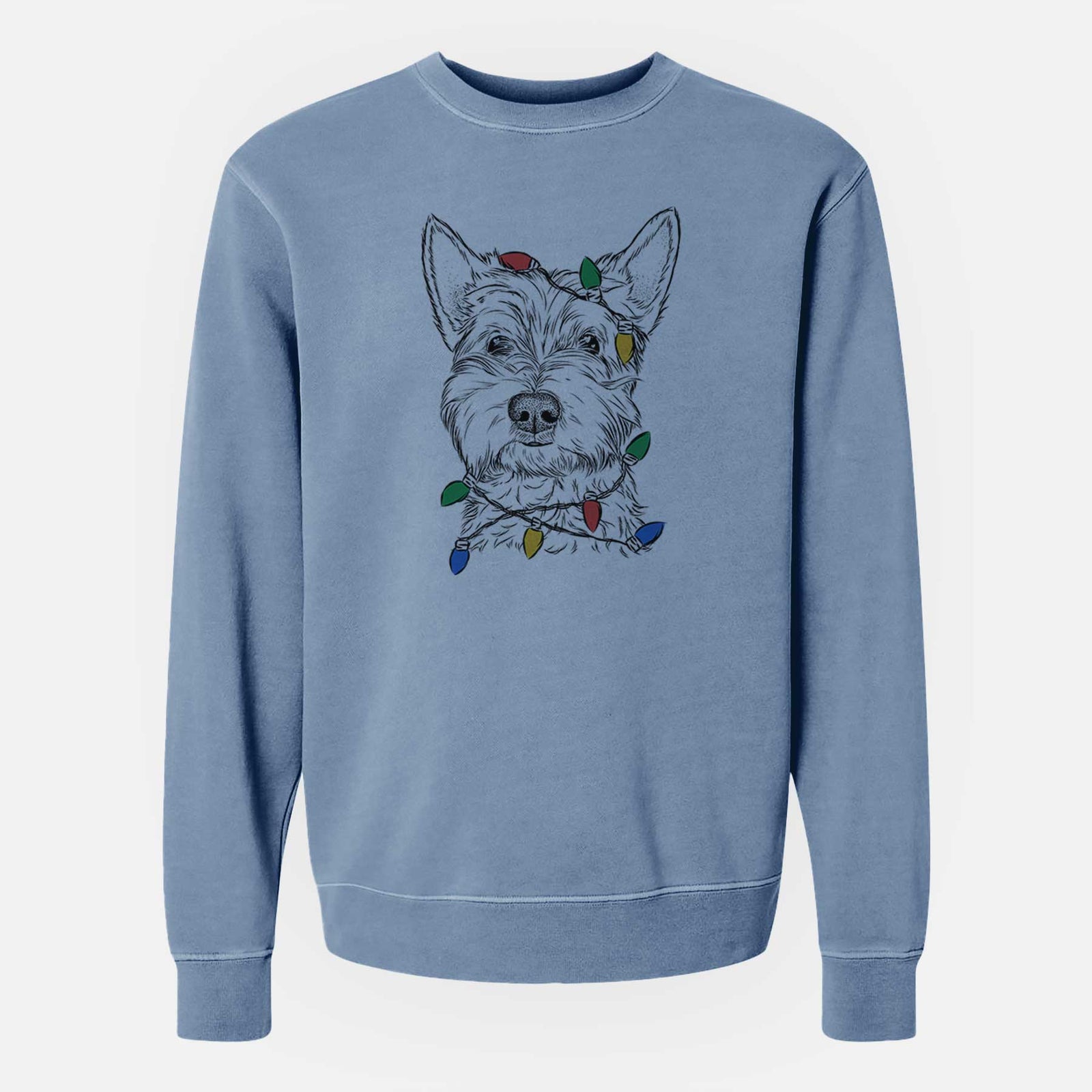 Hand-drawn sketch of Grizel the West Highland Terrier wrapped in Christmas lights on a Slate Blue Unisex pigment dyed crew sweatshirt