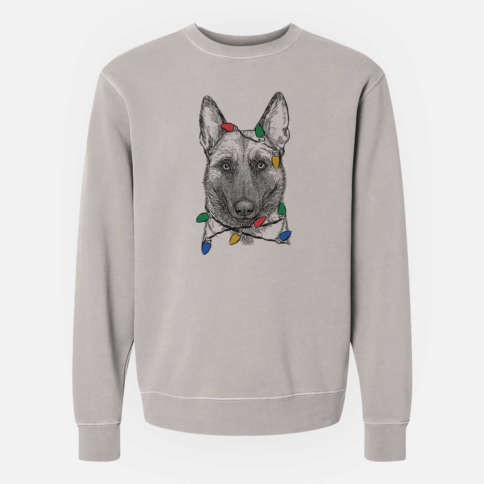 Hand-drawn sketch of Gunther the Belgian Malinois wrapped in Christmas lights on a Cement Unisex pigment dyed crew sweatshirt