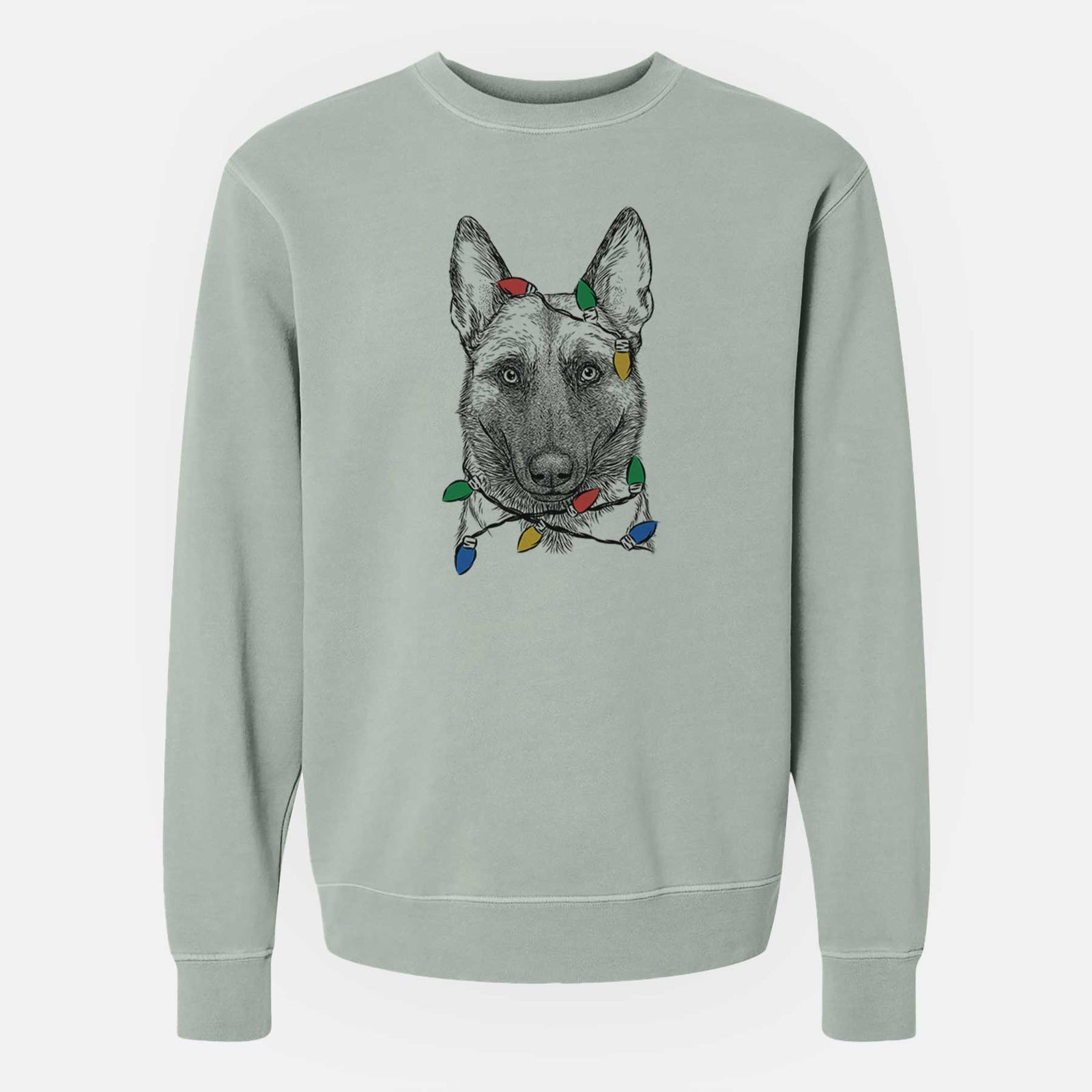 Hand-drawn sketch of Gunther the Belgian Malinois wrapped in Christmas lights on a Sage Unisex pigment dyed crew sweatshirt