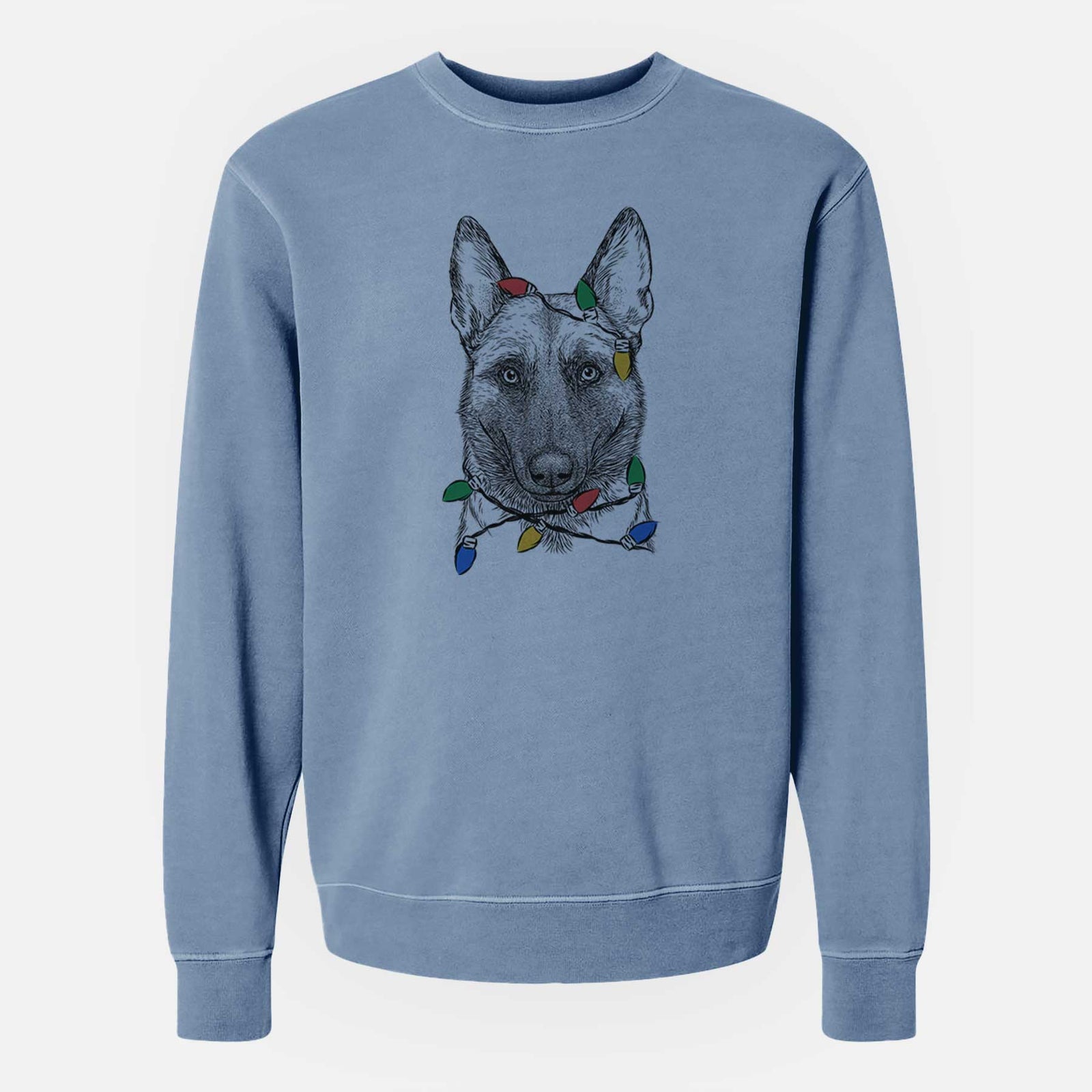Hand-drawn sketch of Gunther the Belgian Malinois wrapped in Christmas lights on a Slate Blue Unisex pigment dyed crew sweatshirt
