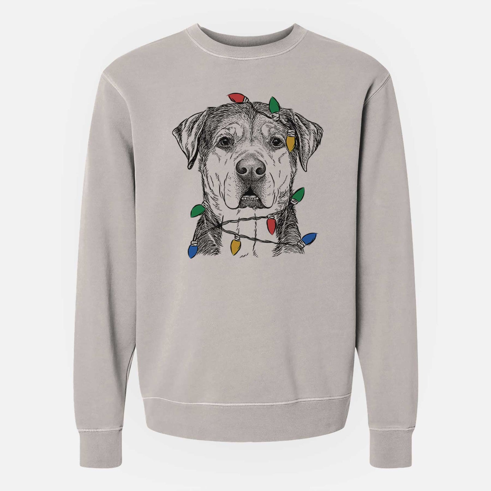 Hand-drawn sketch of Gus the Rottweiler Mix wrapped in Christmas lights on a Cement Unisex pigment dyed crew sweatshirt