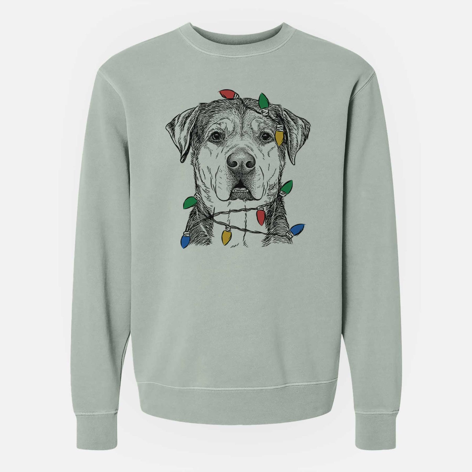 Hand-drawn sketch of Gus the Rottweiler Mix wrapped in Christmas lights on a Sage Unisex pigment dyed crew sweatshirt