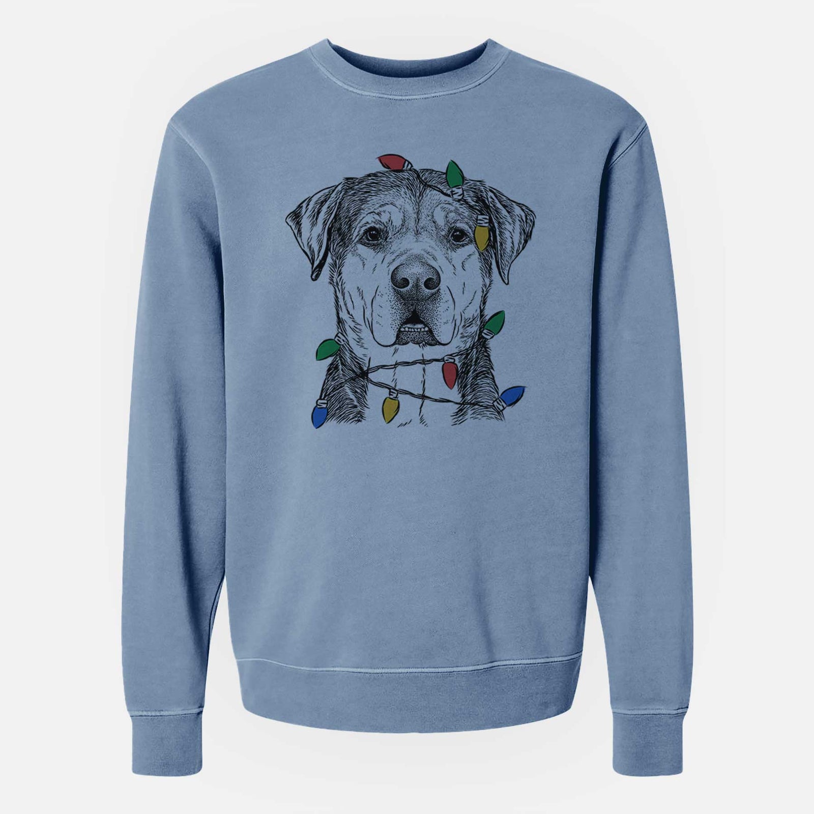 Hand-drawn sketch of Gus the Rottweiler Mix wrapped in Christmas lights on a Slate Blue Unisex pigment dyed crew sweatshirt