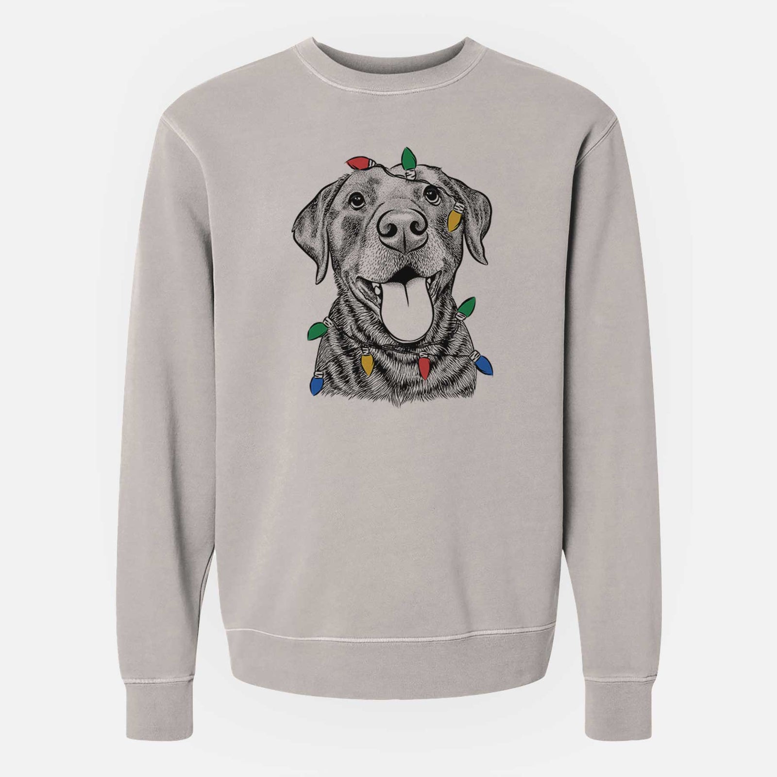 Hand-drawn sketch of Gwen the Labrador Retriever wrapped in Christmas lights on a Cement Unisex pigment dyed crew sweatshirt