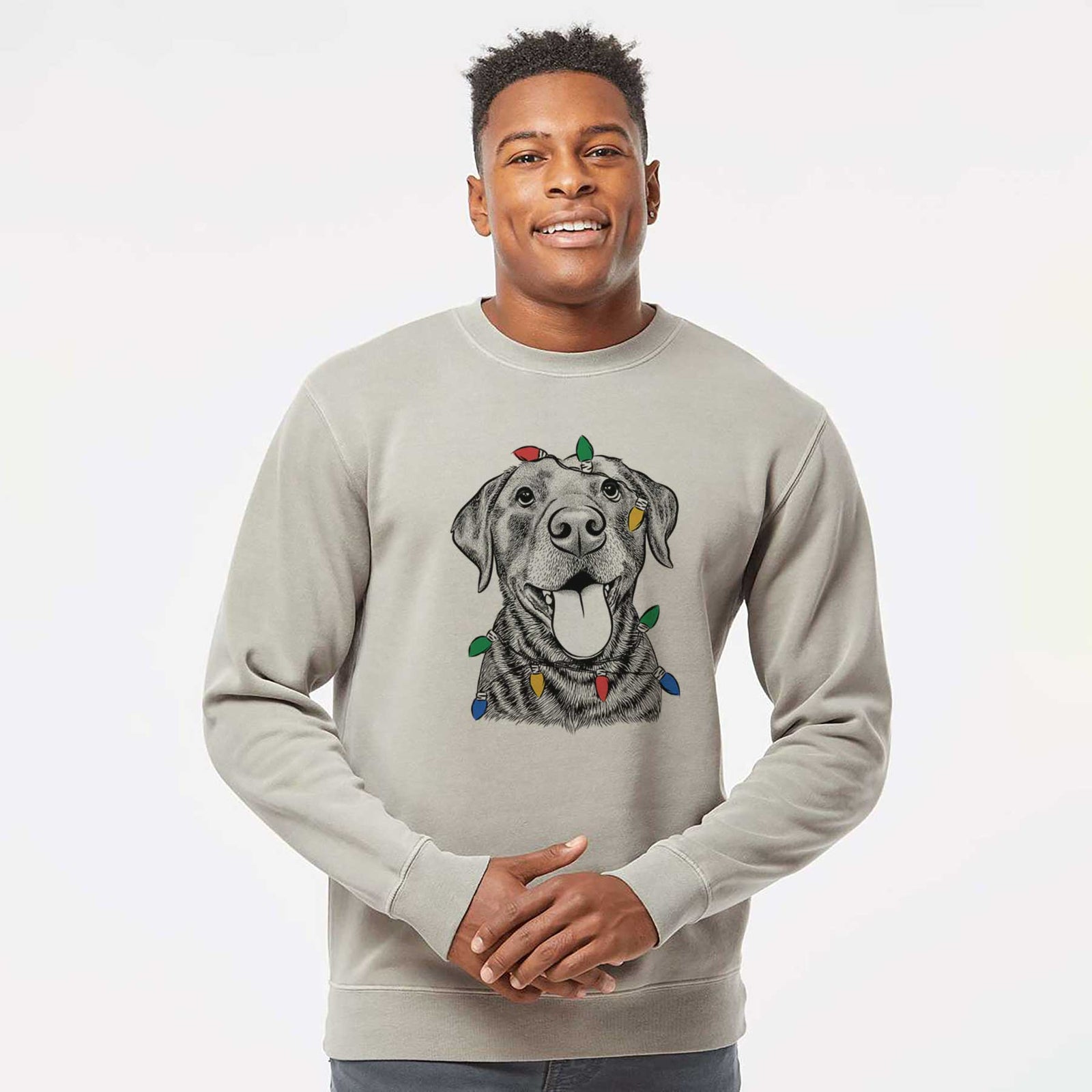 Hand-drawn sketch of Gwen the Labrador Retriever wrapped in Christmas lights on a Cement Unisex pigment dyed crew sweatshirt