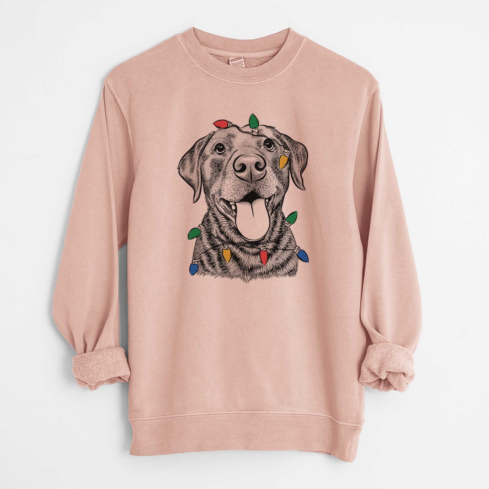 Hand-drawn sketch of Gwen the Labrador Retriever wrapped in Christmas lights on a Dusty Pink Unisex pigment dyed crew sweatshirt
