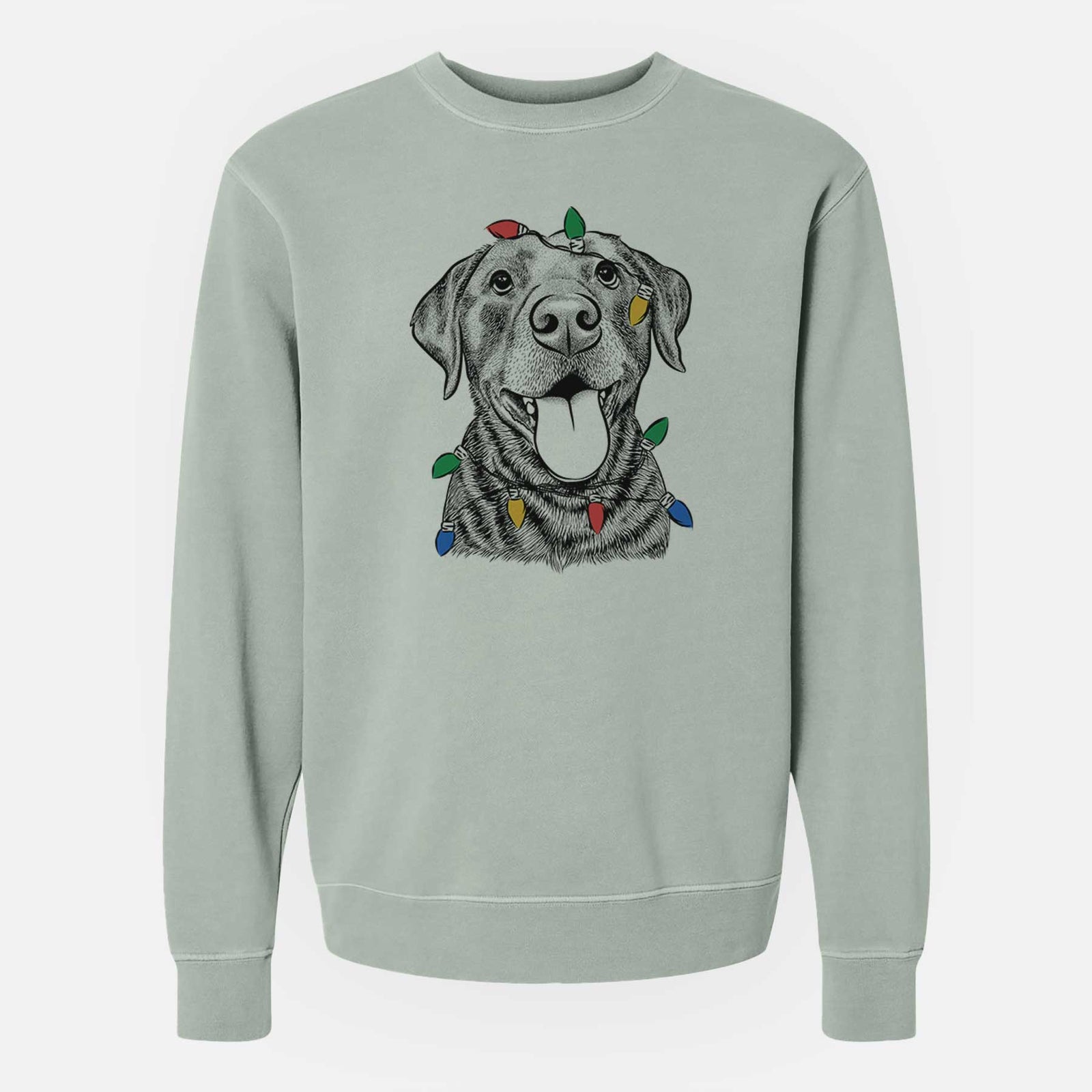 Hand-drawn sketch of Gwen the Labrador Retriever wrapped in Christmas lights on a Sage Unisex pigment dyed crew sweatshirt