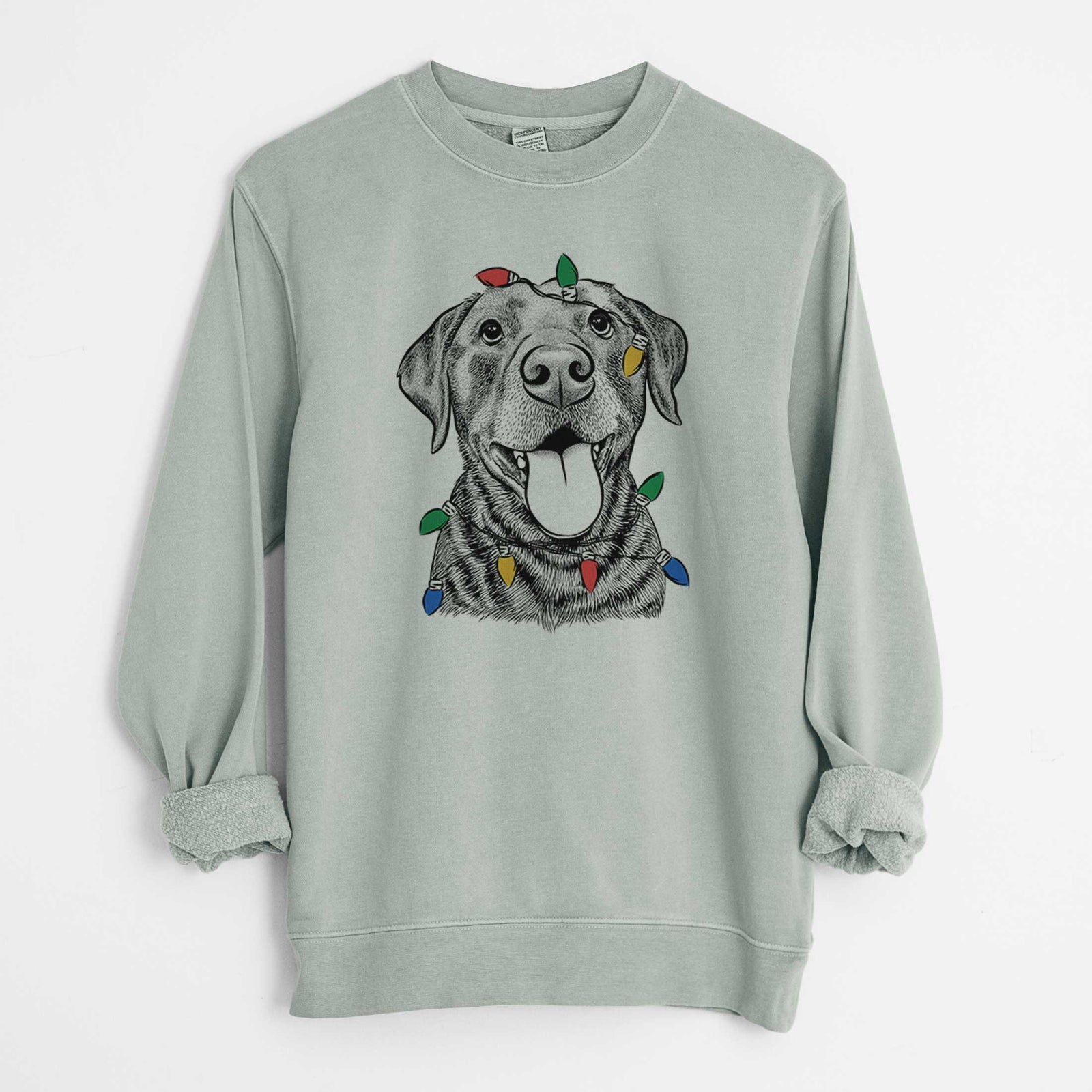 Hand-drawn sketch of Gwen the Labrador Retriever wrapped in Christmas lights on a Sage Unisex pigment dyed crew sweatshirt