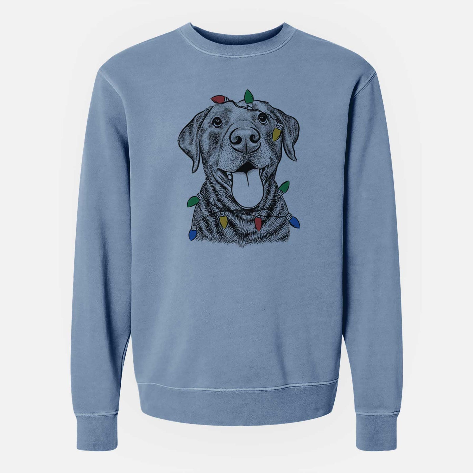 Hand-drawn sketch of Gwen the Labrador Retriever wrapped in Christmas lights on a Slate Blue Unisex pigment dyed crew sweatshirt