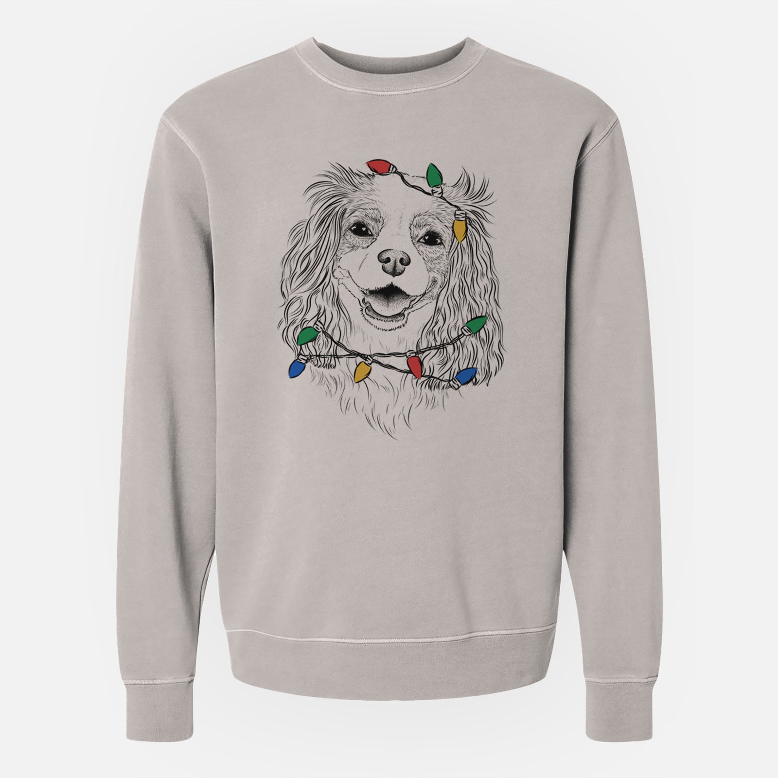 Hand-drawn sketch of Halley Comet the Cavalier King Charles Spaniel wrapped in Christmas lights on a Cement Unisex pigment dyed crew sweatshirt