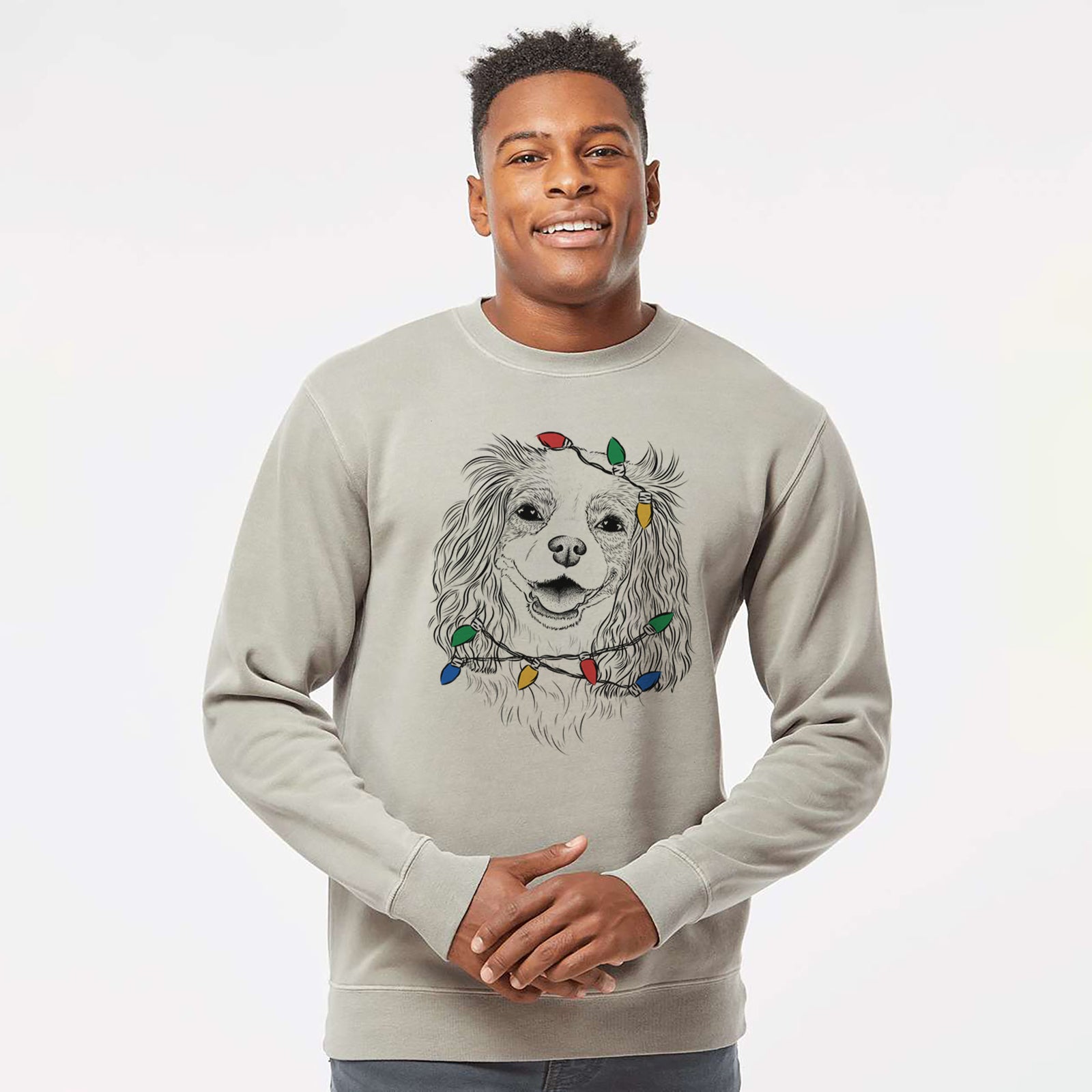 Hand-drawn sketch of Halley Comet the Cavalier King Charles Spaniel wrapped in Christmas lights on a Cement Unisex pigment dyed crew sweatshirt