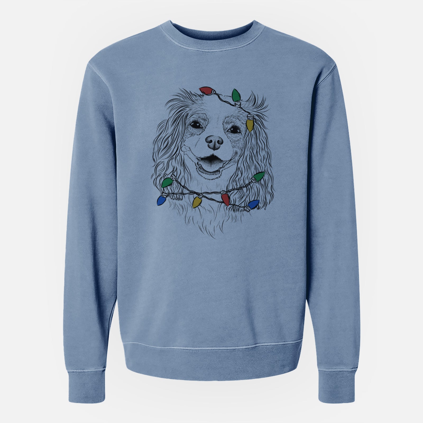 Hand-drawn sketch of Halley Comet the Cavalier King Charles Spaniel wrapped in Christmas lights on a Slate Blue Unisex pigment dyed crew sweatshirt