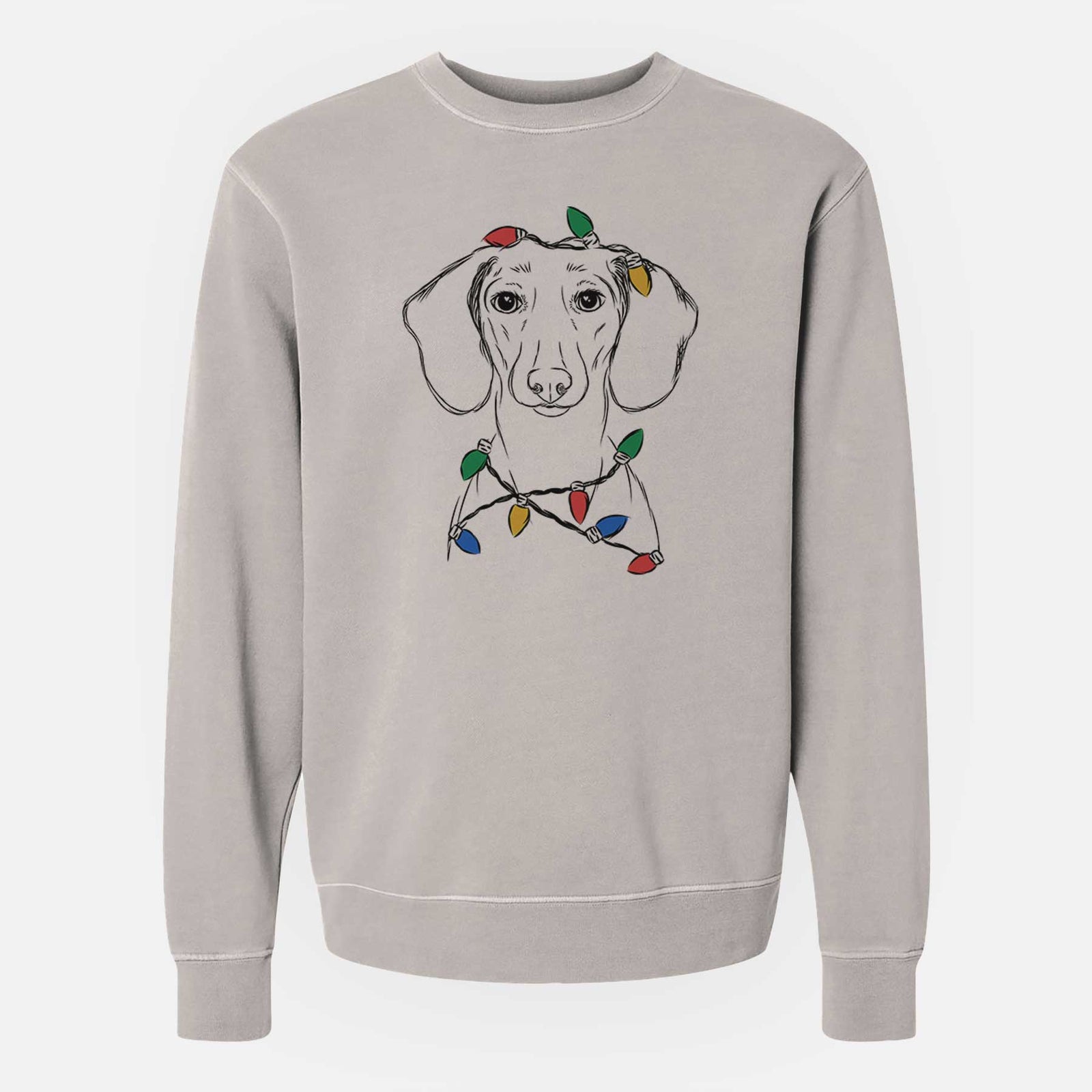 Hand-drawn sketch of Hans the Dachshund wrapped in Christmas lights on a Cement Unisex pigment dyed crew sweatshirt