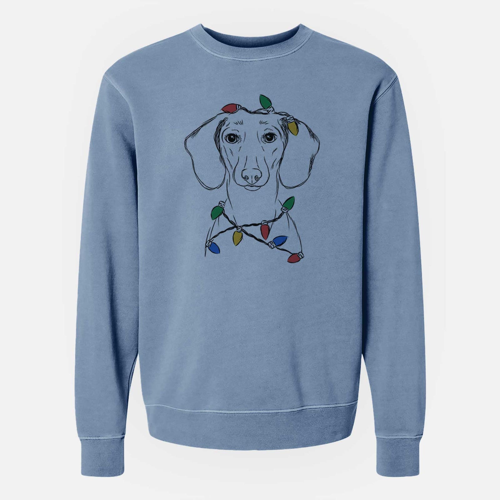 Hand-drawn sketch of Hans the Dachshund wrapped in Christmas lights on a Slate Blue Unisex pigment dyed crew sweatshirt