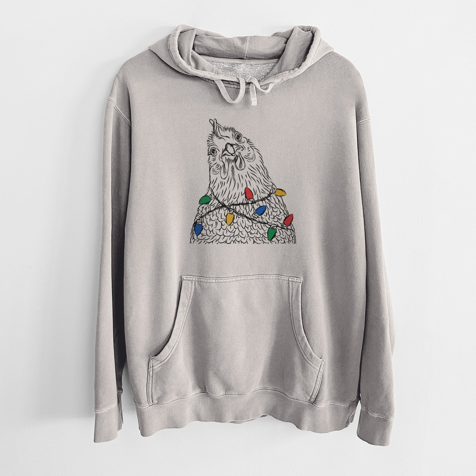 Hand-drawn sketch of Henrietta the Chicken wrapped in Christmas lights on a Cement Unisex pigment dyed hoodie