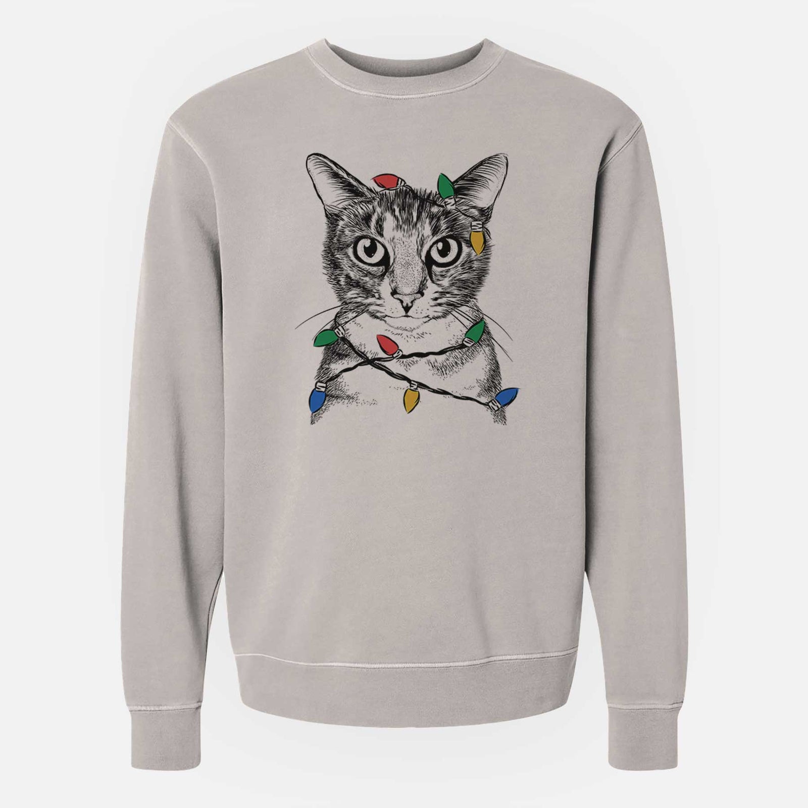 Hand-drawn sketch of Hobbes the Tabby Cat wrapped in Christmas lights on a Cement Unisex pigment dyed crew sweatshirt