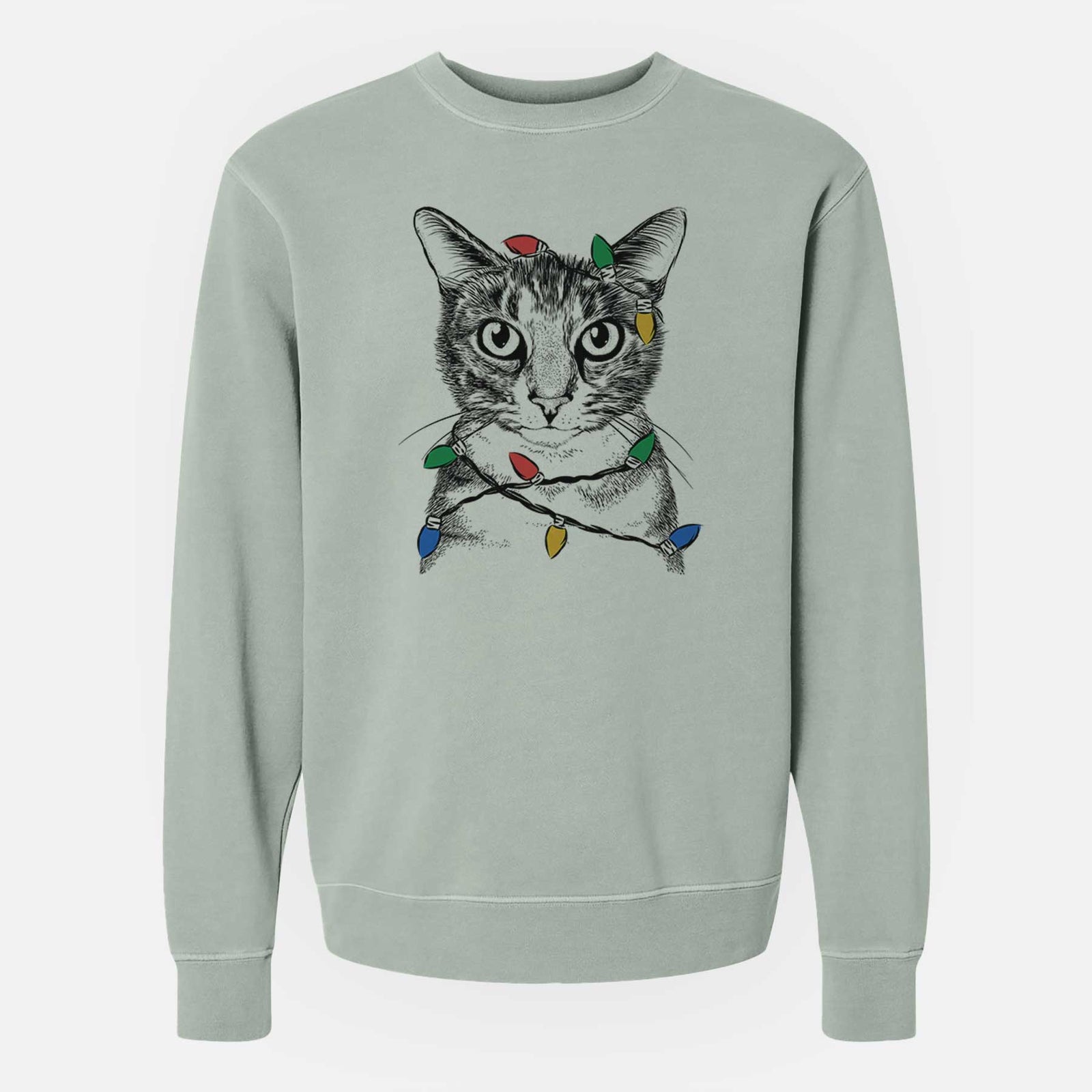 Hand-drawn sketch of Hobbes the Tabby Cat wrapped in Christmas lights on a Sage Unisex pigment dyed crew sweatshirt