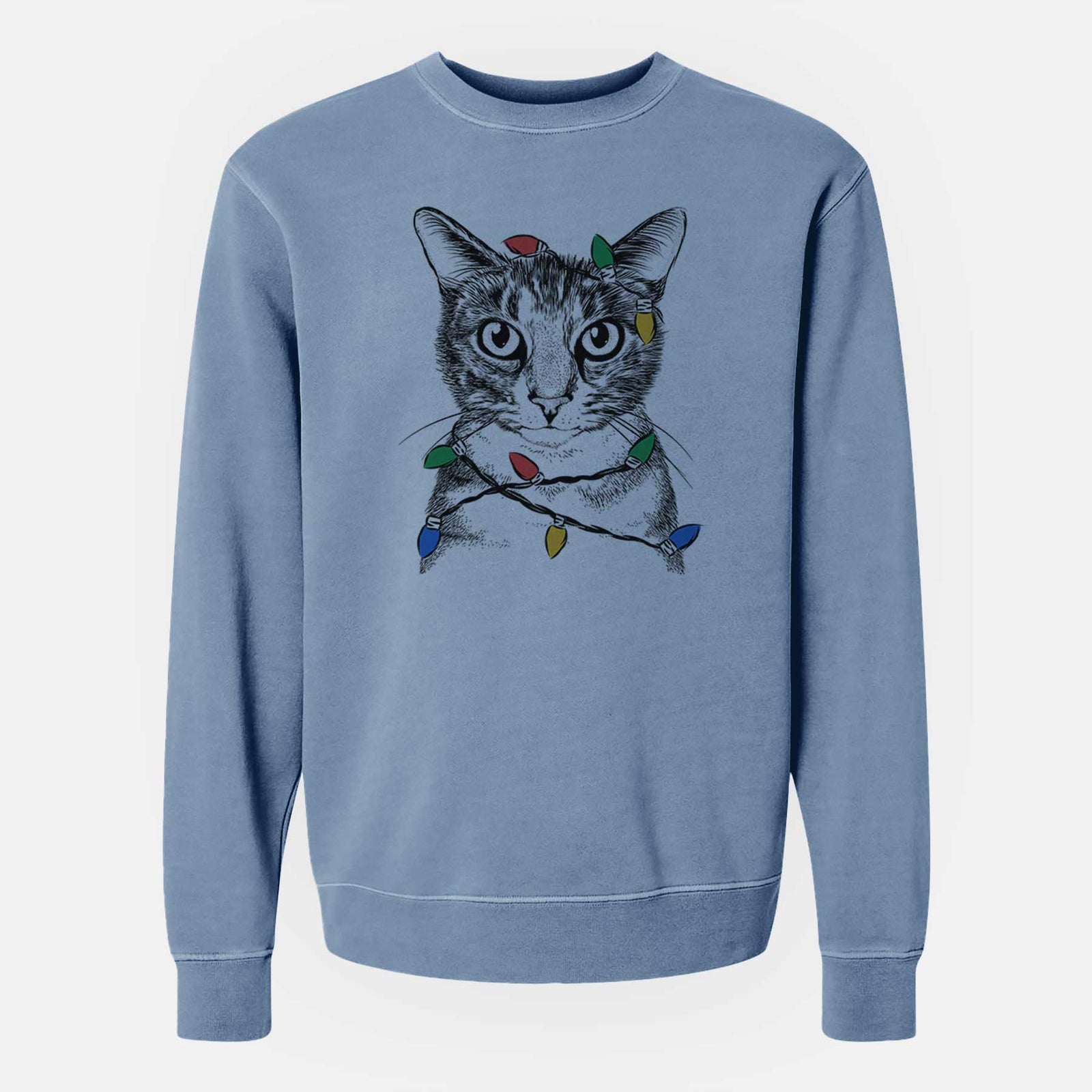 Hand-drawn sketch of Hobbes the Tabby Cat wrapped in Christmas lights on a Slate Blue Unisex pigment dyed crew sweatshirt