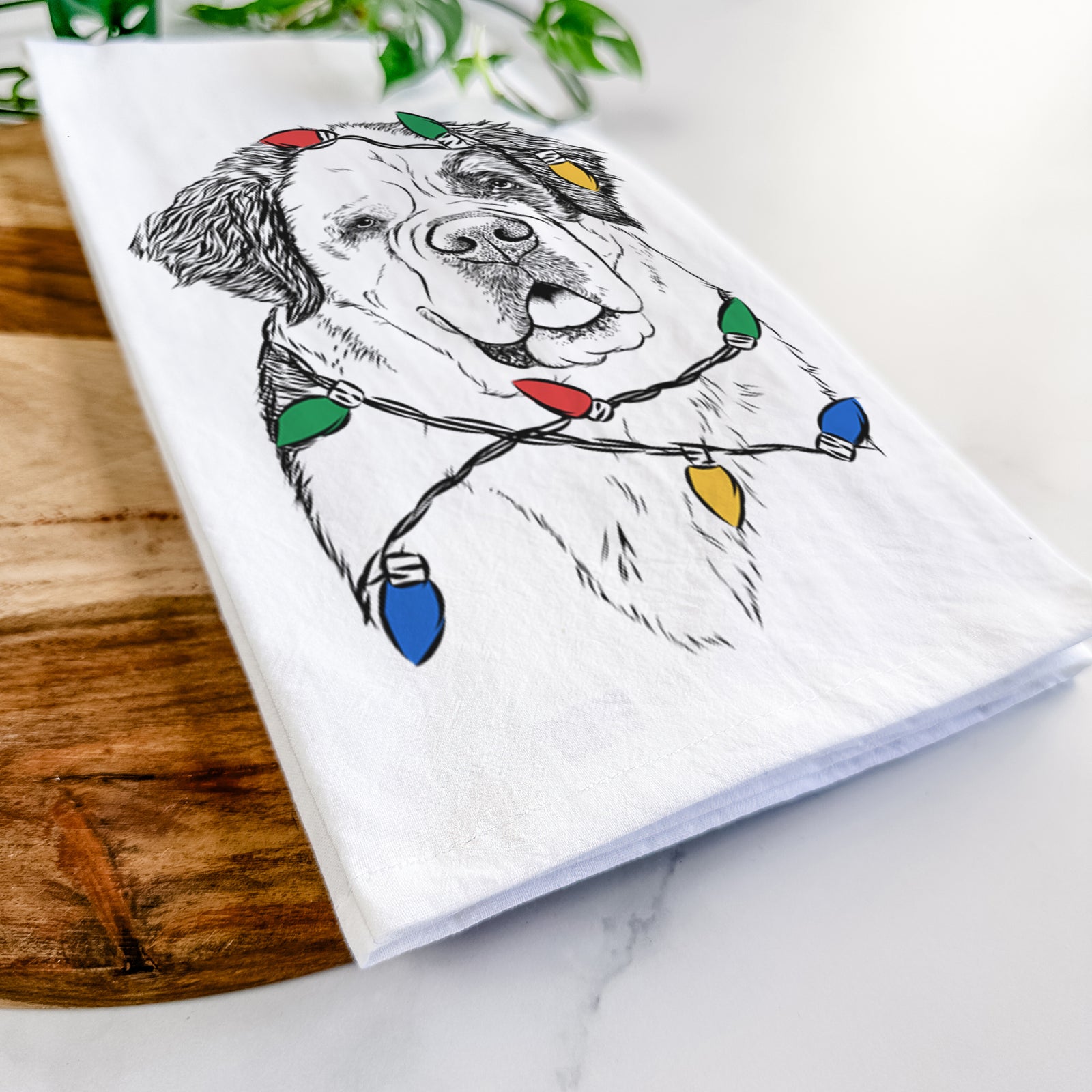 Hand-drawn sketch of Hook the Saint Bernard wrapped in Christmas lights on a tea towel